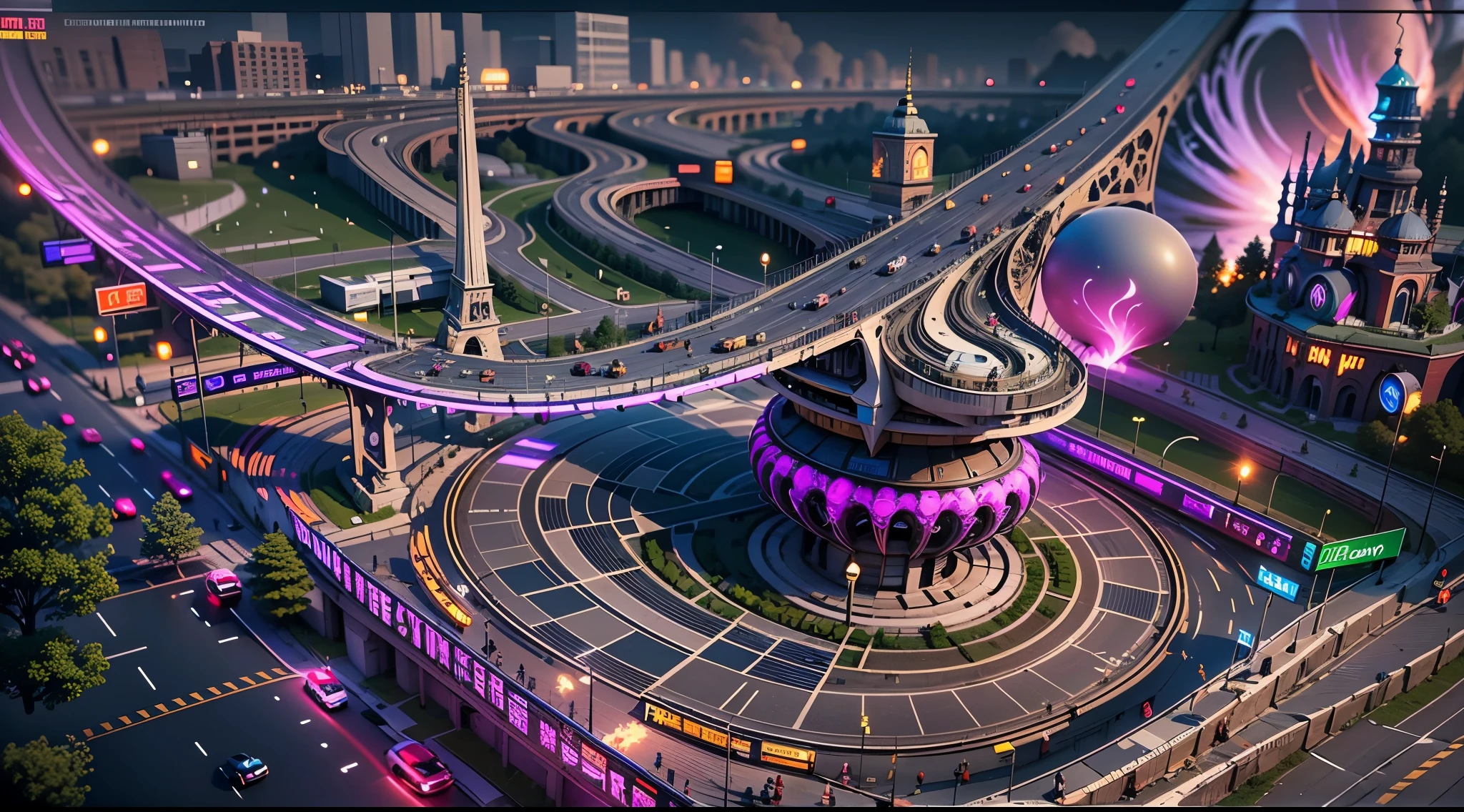 Look down from the top of the mountain,cyber punk style,(((fire works))),(((绚丽的fire works))),3d effect,A huge and decadent ringed city,crossroad,overpass,high grade road,natta,((many circling planes)),pedestrians,Sateen,inverted image,high high quality,(16K resolution),((ultra - detailed)),((a work of art)),hyper realisitc,电影灯光,Dynamic lines,OC Render