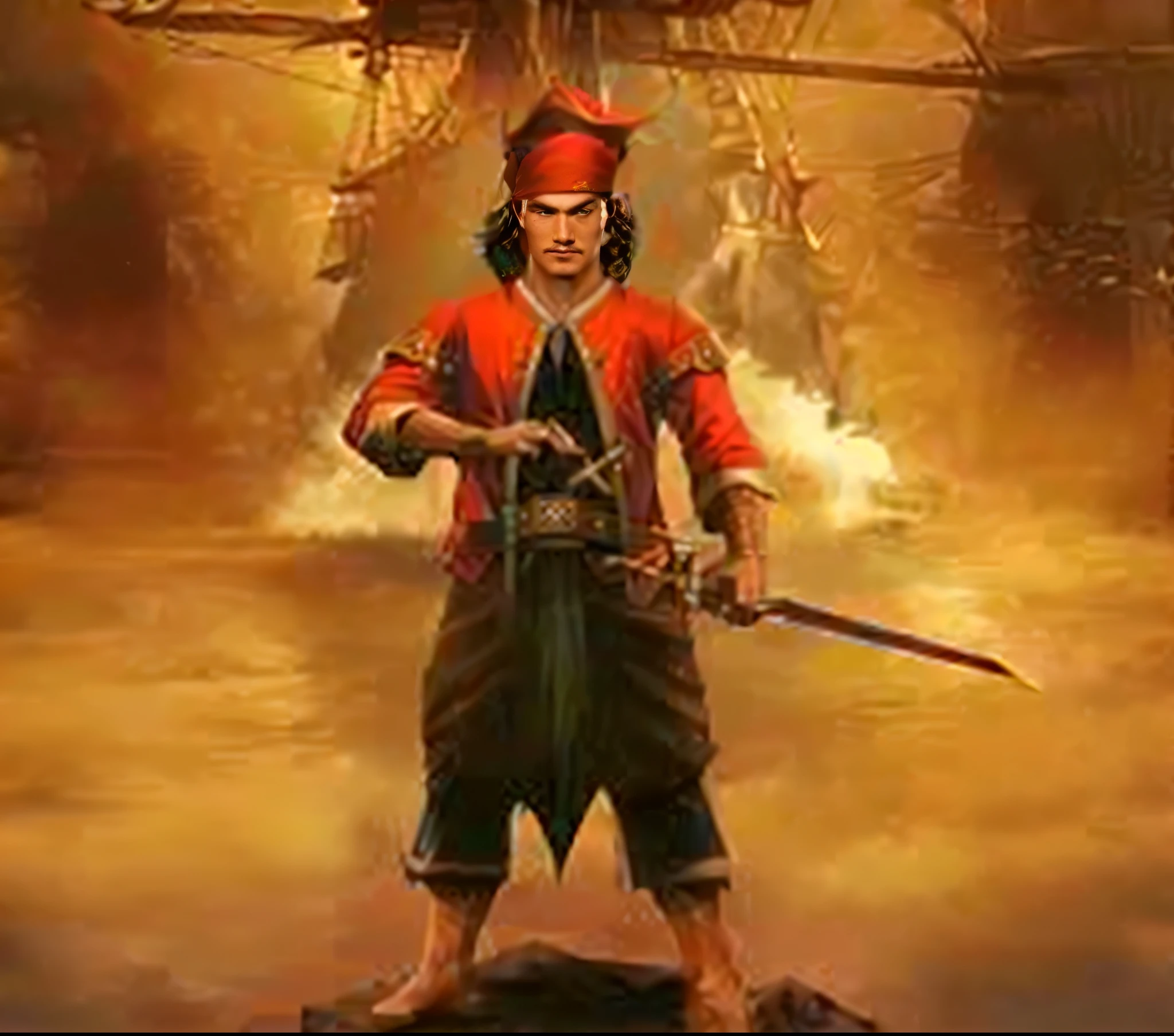 a close up of a person standing on a rock with a sword, tom holland as a pirate, inspired by Rudy Siswanto, swashbuckler class pirate, inspired by Altoon Sultan, king of pirates, swashbuckler, handsome prince of persia, a pirate, it is the captain of a crew, captain, javanese mythology