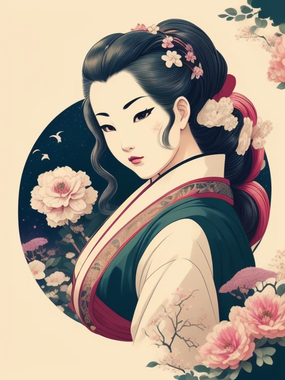 (Masterpiece, Best Quality:1.3), (thick lineart), (faux traditional media), highres, official art, best illustration, (8k resolution), oiran, 1girl, mature female, solo, japanese clothes, from above, breasts, obi, stylish, intricate, fantastic, fairytale, fantasy art, (detailed face),  lying on a bed of flowers, on back, (lovely eyes, looking at viewer, lipstick), very long hair, voluminous, low ponytail, depth of field, silhouette, perfect, makeup, lovely, (details:1.2), camellia, various colors, vivid, colorful, shiny, sky, stars, lumen global illumination, (background in the style of Hokusai Katsushika:1.3), water, ripples