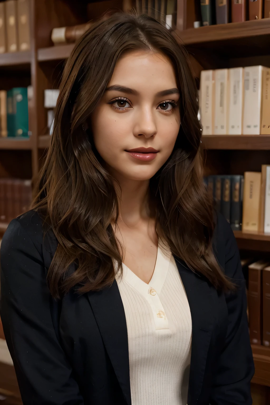 A high-resolution photograph of a young woman with chestnut brown, medium-length hair styled casually. Her fair complexion has a warm undertone, flawless and naturally glowing. She wears a confident smile, her serene expression framed by deep hazel eyes with long, curled lashes coated in black mascara. Her eyebrows are neatly groomed with a natural arch. The woman's nose is slender, harmonizing with her full lips tinted in matte brick red lipstick. She is dressed in school uniform, featuring a tailored blazer in a dark blue color, suggesting sexy and style. The background is a bibliothek in the university, books, providing a unique contrast to her formal appearance. The lighting is soft and diffusive, reminiscent of golden hour, enhancing the contours of her face and adding depth to the photograph.