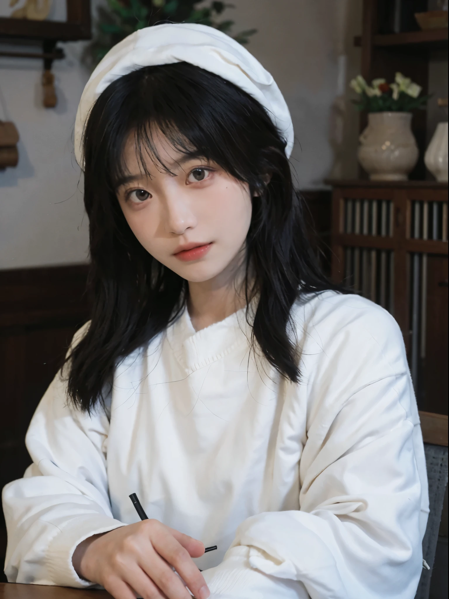 Best quality at best， 超高分辨率， white backgrounid，中景 the scene is，（realistically：1.4）， girl，Sweaters， A pair of eyes as clear as snow,Imperial sister，Black long straight， looking at viewert， close up ，