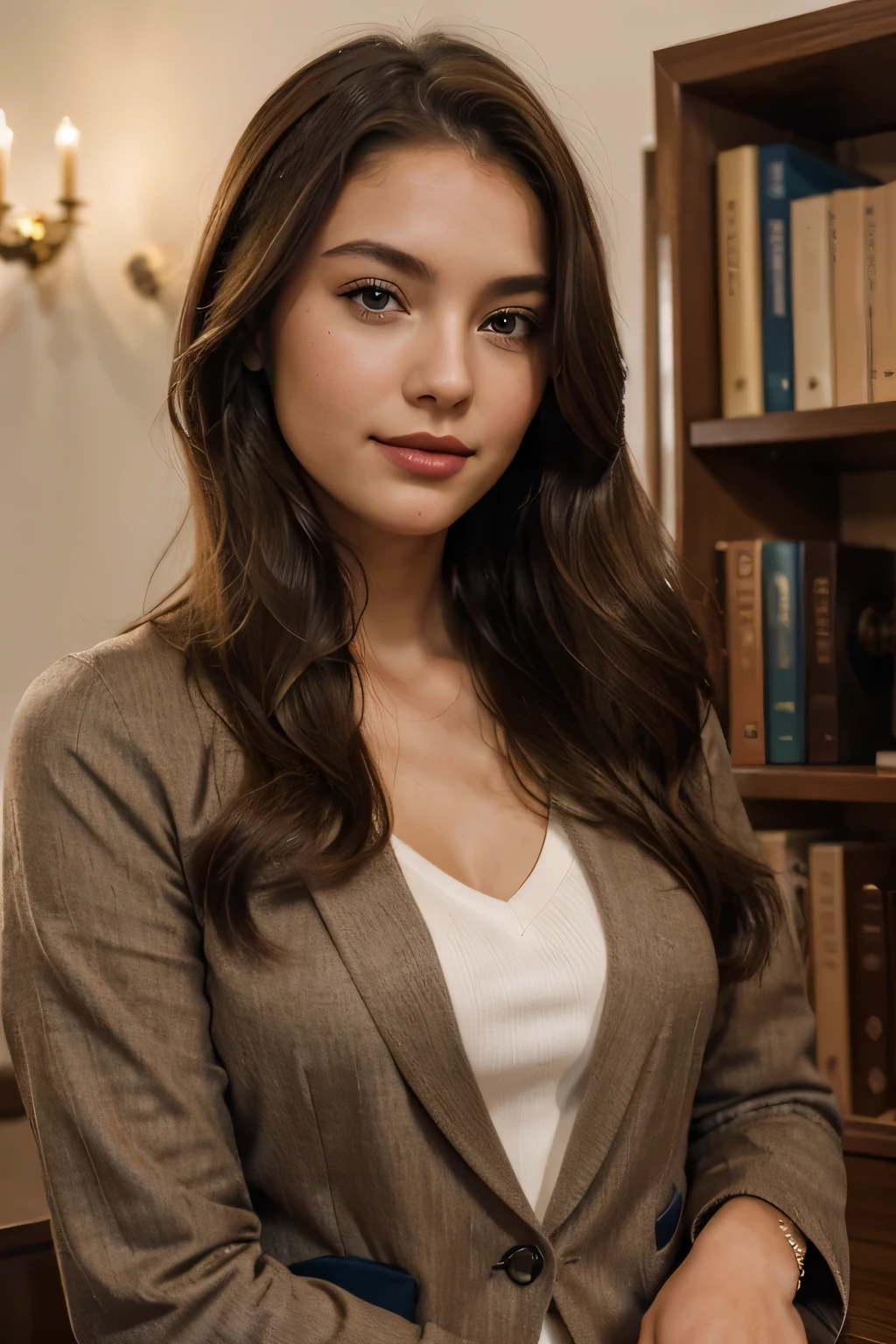 A high-resolution photograph of a young woman with chestnut brown, medium-length hair styled casually. Her fair complexion has a warm undertone, flawless and naturally glowing. She wears a confident smile, her serene expression framed by deep hazel eyes with long, curled lashes coated in black mascara. Her eyebrows are neatly groomed with a natural arch. The woman's nose is slender, harmonizing with her full lips tinted in matte brick red lipstick. She is dressed in school uniform, featuring a tailored blazer in a dark blue color, suggesting sexy and style. The background is a bibliothek in the university, books, providing a unique contrast to her formal appearance. The lighting is soft and diffusive, reminiscent of golden hour, enhancing the contours of her face and adding depth to the photograph.