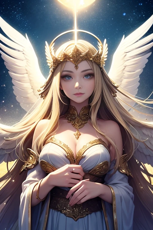 Angerwomont,1girl in,Beautiful detailed eyes,Beautiful detailed lips,extremely detailed eye and face,longeyelashes,Soft and glowing skin,serene expressions, Radiant smile, flowing golden hair, wings with white feathers, shining halo,heavenly aura, ethereal beauty,Gold and white attire,Ornate and intricate design,Celestial atmosphere,Sacred background,Divine Light,Angelic Beings