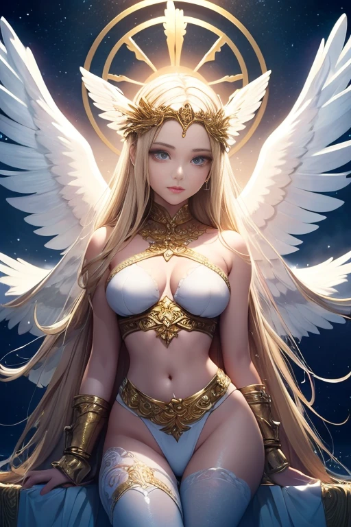 Angerwomont,1girl in,Beautiful detailed eyes,Beautiful detailed lips,extremely detailed eye and face,longeyelashes,Soft and glowing skin,serene expressions, Radiant smile, flowing golden hair, wings with white feathers, shining halo,heavenly aura, ethereal beauty,Gold and white attire,Ornate and intricate design,Celestial atmosphere,Sacred background,Divine Light,Angelic Beings
