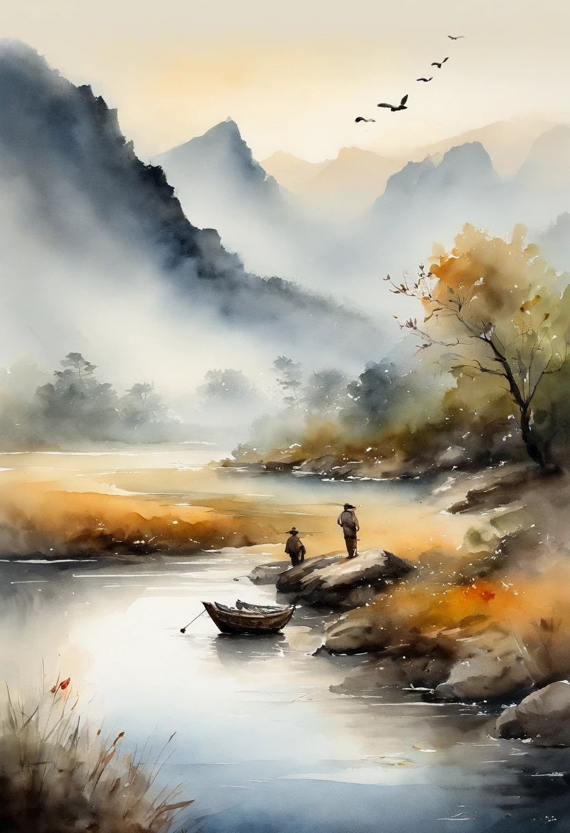 landscapes,chinese ink painting style,quiet river,old fisherman on the shore,The mountains loom in the distance,haze。