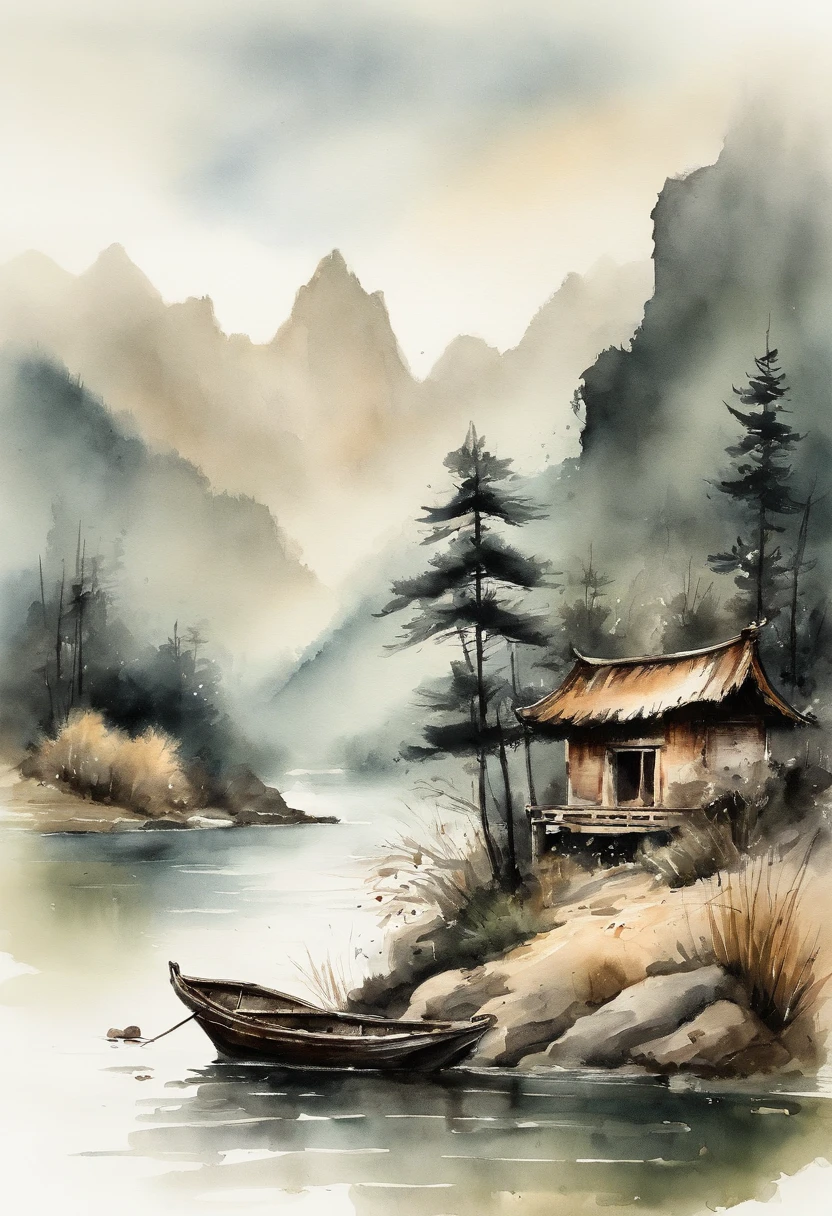 landscapes,chinese ink painting style,quiet river,old fisherman on the shore,The mountains loom in the distance,haze。