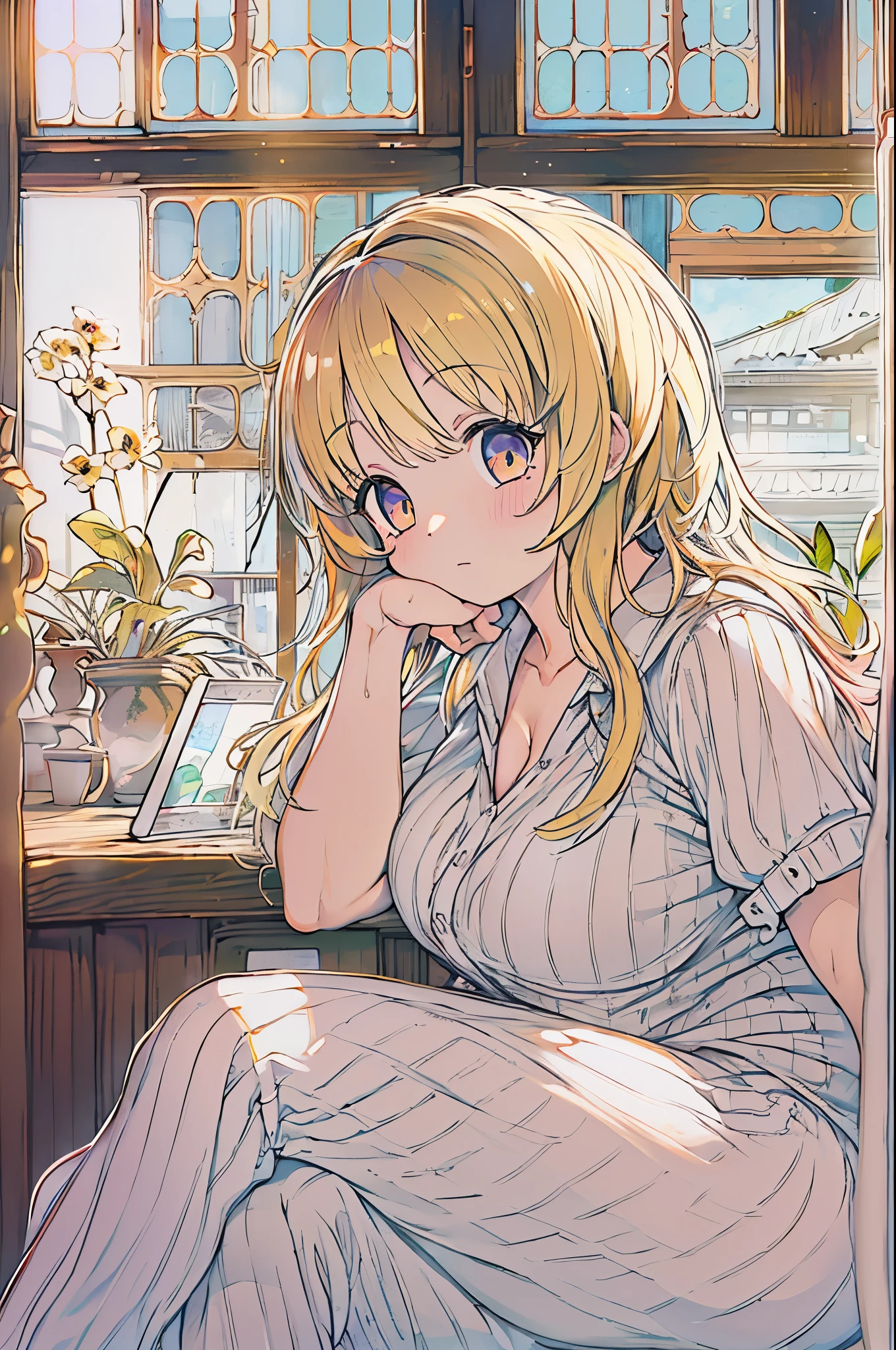 masterpiece、top-quality、detaile、1girl in、(a blond)、(a beauty girl)、cute little、(verd s eyes)、(Eye lashes)、(huge-breasted)、(cleavage of the breast)、(white shirt:1.2)、(Open Shirt)、sitting in the couch、abajour、window、natta、Delicate interior design、(bbw)