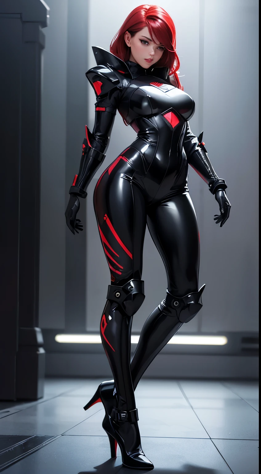 best quality, (RAW photo:1.2), (masterpiece:1.4), (photorealistic:1.4), (highres:1.4), 1girl, depth of field, flight attendant, intricately detailed, 8k, extremely detailed, perfect lighting, epic background, solo, super fine photo, portrait digital art Unreal Engine 5 8K UHD of a girl, concept art, character concept design, fetish, rubber clothes, wearing super shiny black cyberpunk armor with crimson details with black latex catsuit, black latex gloves, latex high heels, red hair, full face cybernetic helmet, futuristic design, battlefield night time background, best quality, masterpiece, super detailed, sharp focus, female pose