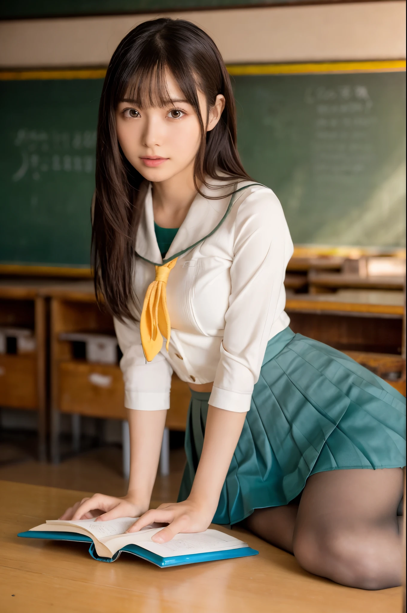 ulzzang -6500-v1.1, (Raw photo:1.2), (Photorealsitic), a beautiful detailed girl, (Real: 1.4), ighly detailedな目と顔, beatiful detailed eyes, (((‎Classroom, Pleated mini-skirt, Japan school uniform, serafuku:1.3)))、(Ultra-realistic pantyhose:1.2), (shoe:1.2), open a book and concentrate on studying、((Profile facing the desk))、huge filesize, hight resolution, ighly detailed, top-quality, [​masterpiece:1.6], illustratio, ighly detailed, nffsw, finely detail, top-quality, 8k wallpaper, Cinematographic lighting, 1girl in, 17 age, perfect body type, cute droopy eyes beautiful big eyes、Pieckfinger, ((masutepiece)), Best Quality, 1girl in, eye shadow, Upper body, Portrait, ((FULL BODYSHOT:1.6))、