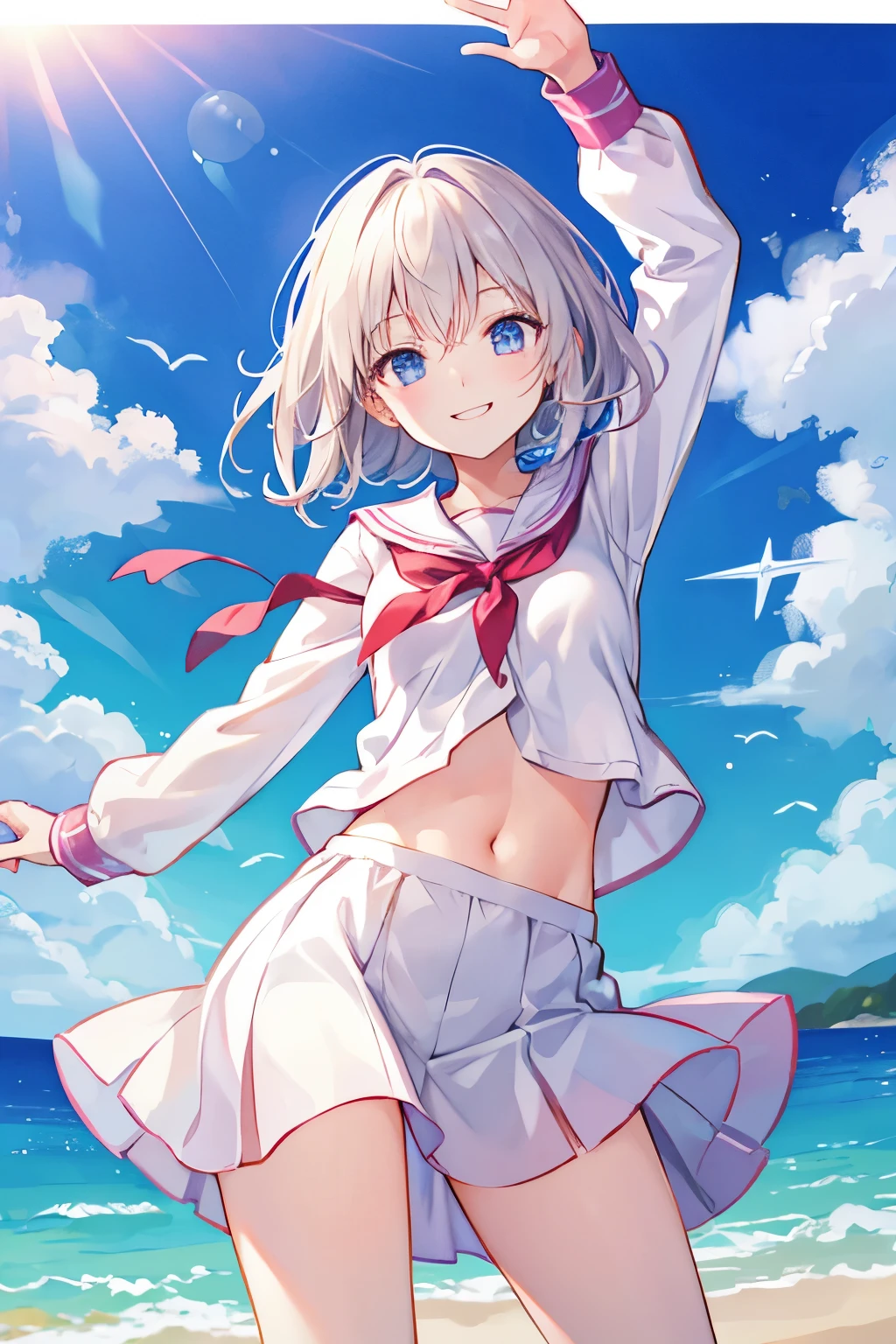 chisato nishikigi, short hair, bangs, blonde, smile,(Red eyes:1.5),Hair Ribbon, One side up, Bobcut,smile,Ruffled bikini swimsuit,barefoot,Wet Skin,Wet swimsuit,Wet Hair,Water Play,Daytime,Clear skies,True Summer,
break outdoors,Beach,
break looking at viewer, whole body,(Cowboy Shot:1. 5),
break (masterpiece:1.2), Highest quality, High resolution, unity 8k wallpaper, (shape:0.8), (Beautiful attention to detail:1.6), Highly detailed face, Perfect lighting, Extremely detailed CG, (Perfect hands, Perfect Anatomy),