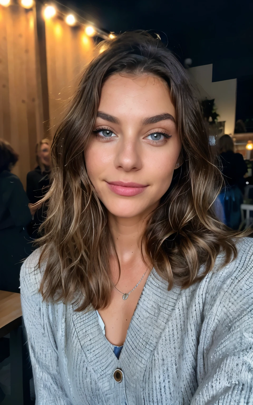 Beautiful brunette with blonde highlights in the bedroom, blue shiny eyes, small nose, (22 Jahre, Unschuldiges Gesicht, Natural wavy hair, blue shiny eyeull body view, (The costume a nice black dress), close-up, ((Selfie am upper body, A happy)), tmasterpiece, beste-Qualit, Ultra-detailliert, Solo, happy, Analoger Stil (Schauen Sie sich den Betrachter an: 1.2) (Hautstruktur) (film grains: 1.3), (Warmer Farbton, Warmer Ton: 1.2), eine nahaufnahme eines, CinematicLight, Seitenbeleuchtung, extra high resolution, Besserer Schatten, .RAW,