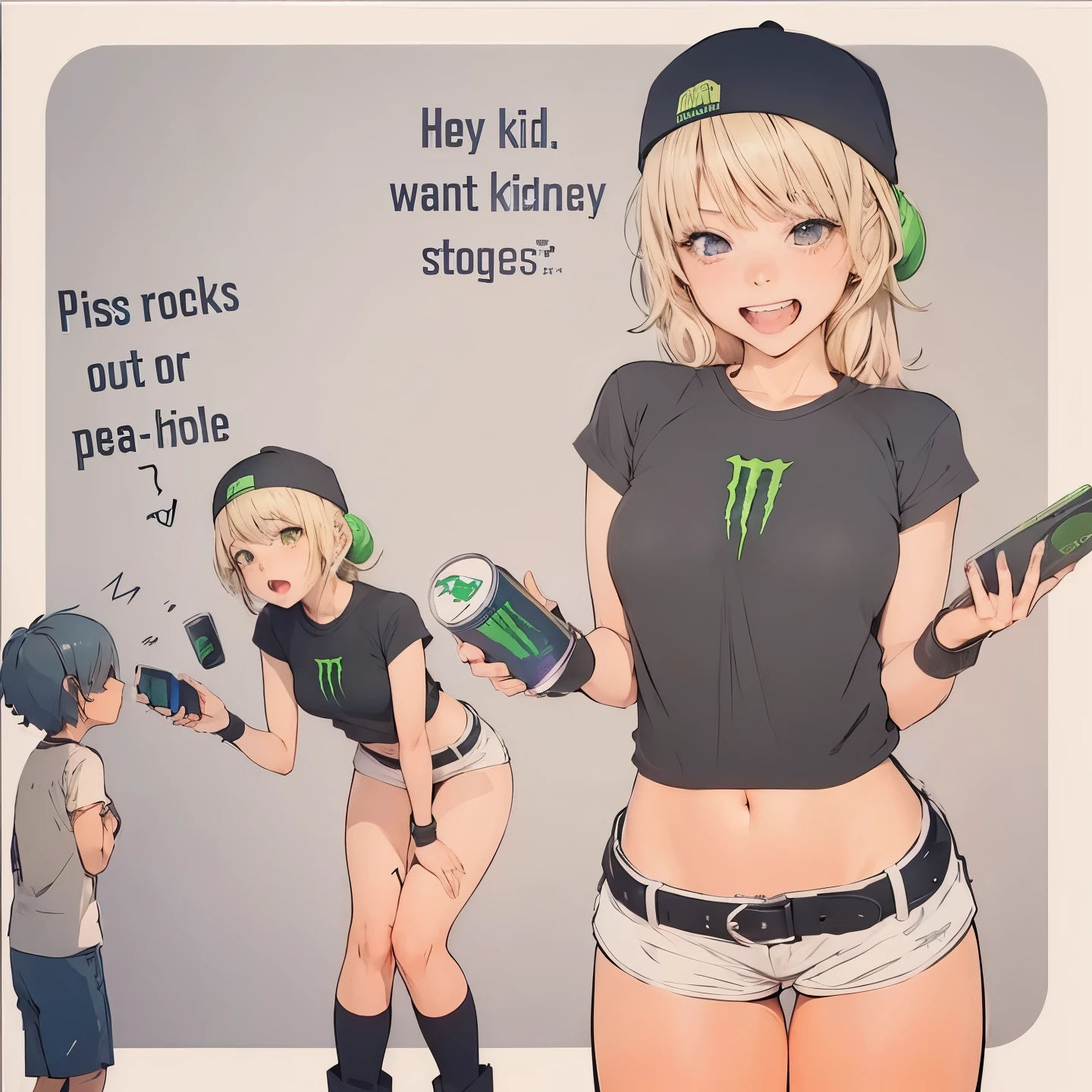 anime girl with monster energy drink and man with cell phone, girl drinking monster energy, anime girl drinking energy drink, monster girl, at Pixiv, popular on Pixiv, top rated on Pixiv, high quality fan art, monster girl anime, ecchi style, trending on Pixiv, Pixiv, Pixiv style, Pinterest anime, in anime style