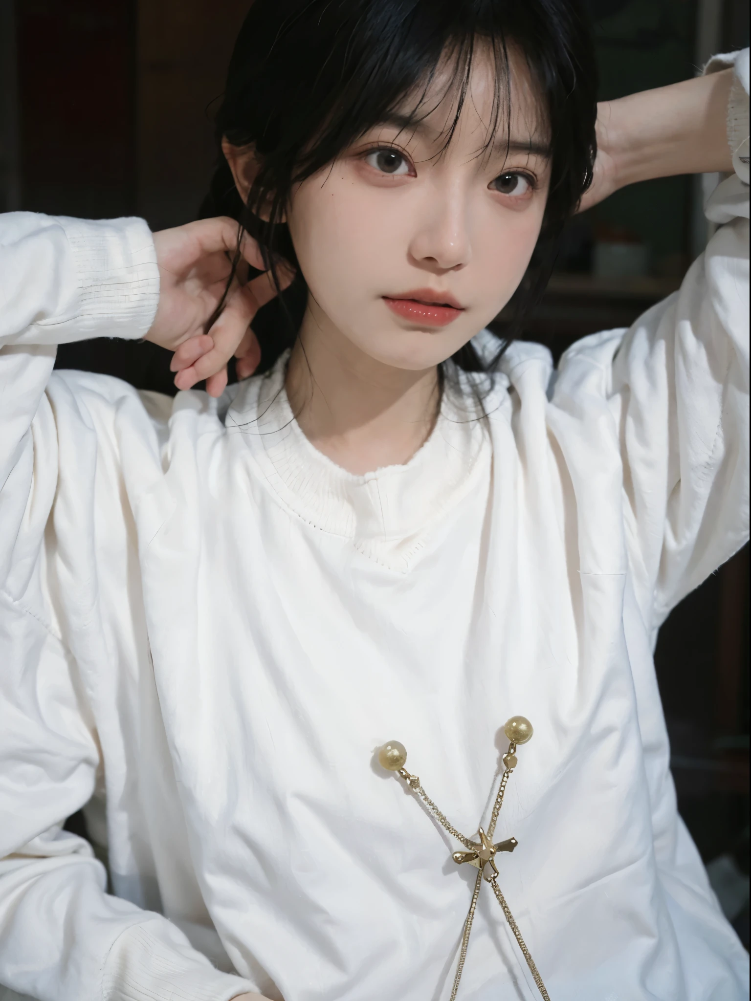 Best quality at best, 超高分辨率, white backgrounid,中景 the scene is,(realistically:1.4), girl,Sweaters, A pair of eyes as clear as snow,Imperial sister,Black long straight, looking at viewert, close up ,