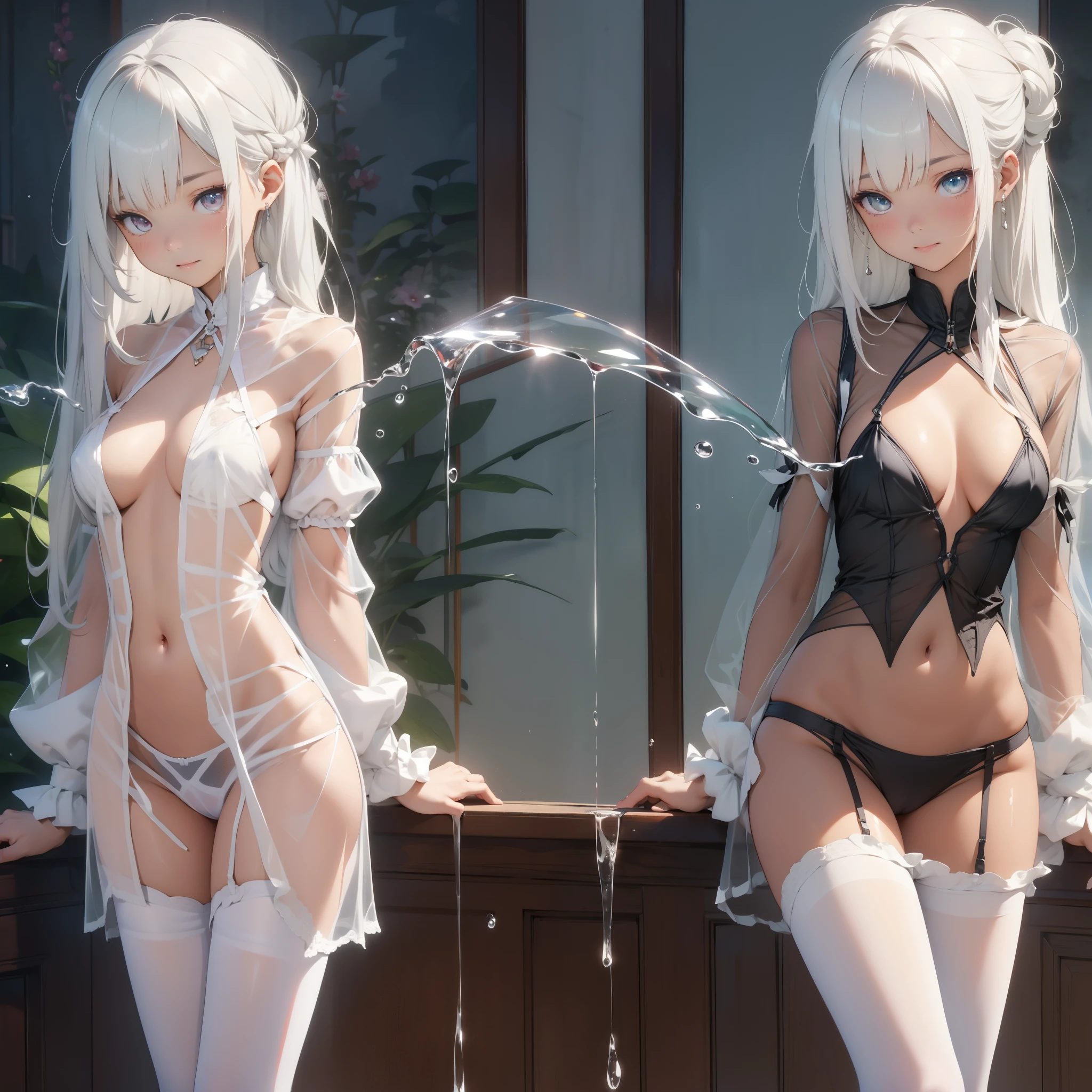 (quality)), ((tmasterpiece)), Recommended resultluffly、(see through:1.5)、Whole body ESBIAN、squatt、、straighten your back、(Keep hips forward:1.)、、spread 、The slender one、Colossal tits、angle to floor:1.2、low camera angle、There is white liquid flowing out of the crotch、maidennurse