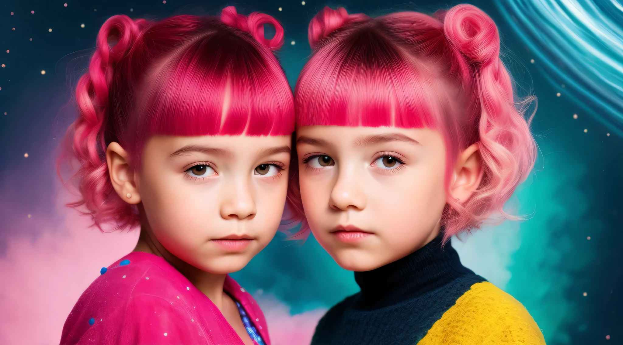 a CHILD girl with a pink hairstyle, ****** girl with magical powers, painting digital adorable, Arte digital 4K realista, Arte digital 4K realista, Retrato VFX altamente detalhado, retrato da menina de glowwave, Arte digital alucinante, 4k symmetrical portrait, 4k symmetrical portrait, Arte digital alucinante, Arte digital 4K perturbadora