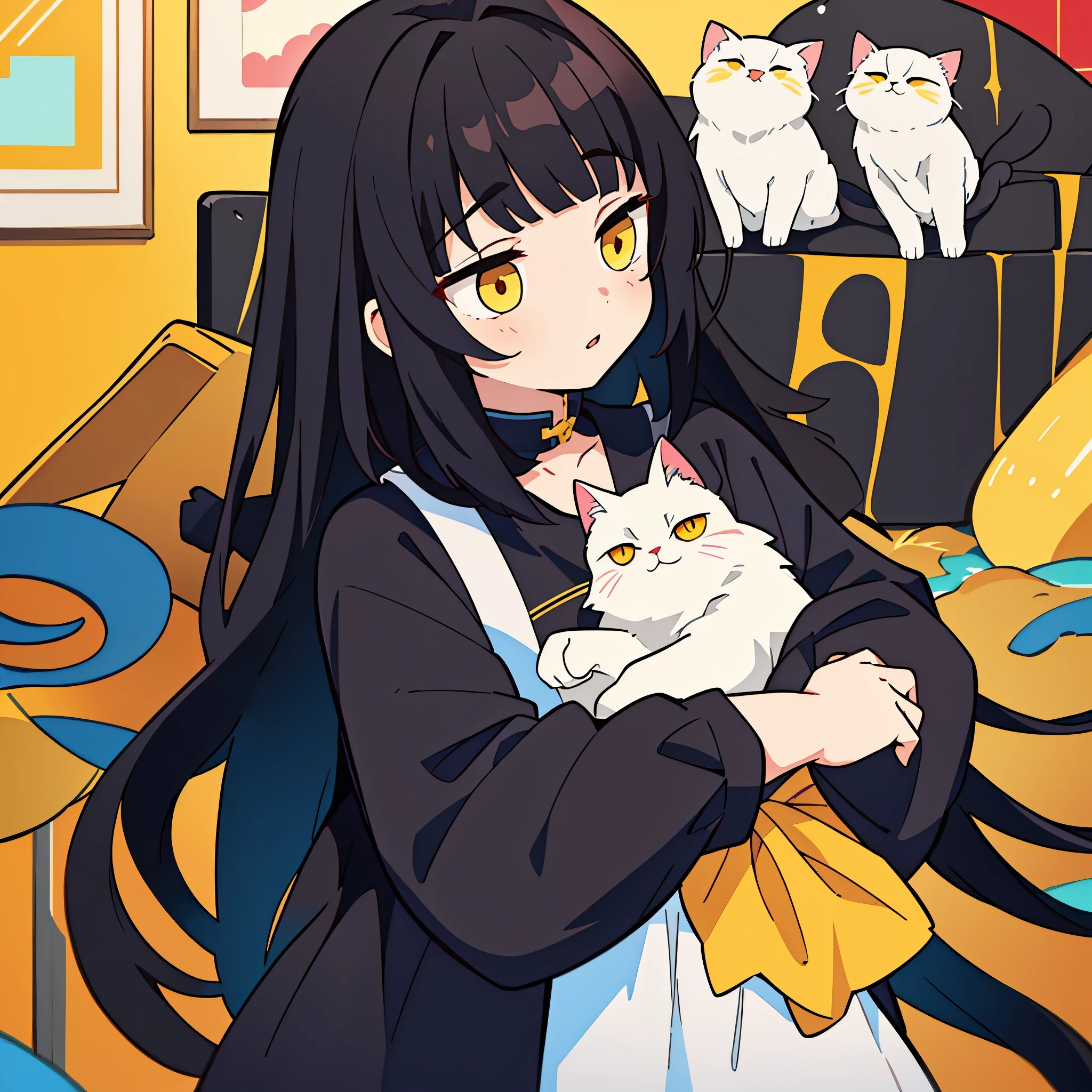 one-girl, black color hair, Long hair, Holding a yellow and white cat, Straight hair, byself, masterpiece, highres