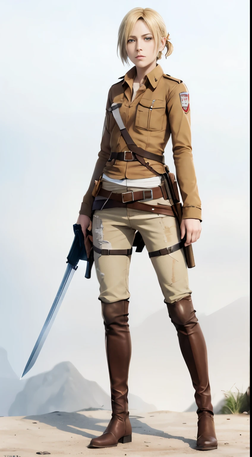 a woman with a sword and a gun in her hand, by Akihiko Yoshida, from attack on titan, annie leonhart, looking like annie leonhart, attack on titan covert art, snk, female protagonist, mikasa ackerman, female protagonist 👀 :8, shingeki no kyojin, in attack on titan, attack on titan, attack on titans，Attack on Titan female character Historia，golden hair，Long golden hair，Combat attire，binh，metal light holder，golden hair，blue color eyes