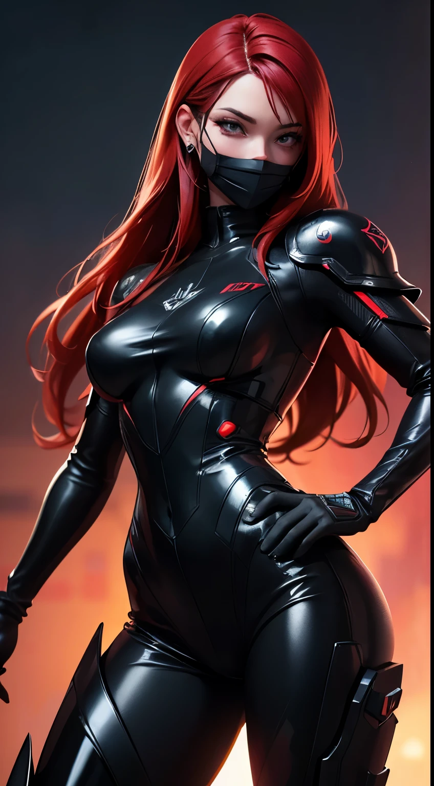 best quality, (RAW photo:1.2), (masterpiece:1.4), (photorealistic:1.4), (highres:1.4), 1girl, depth of field, flight attendant, intricately detailed, 8k, extremely detailed, perfect lighting, epic background, solo, super fine photo, portrait digital art Unreal Engine 5 8K UHD of a girl, concept art, character concept design, fetish, rubber clothes, wearing super shiny black cyberpunk armor with crimson details with black latex catsuit, black latex gloves, latex high heels, red hair, full face cybernetic mask, futuristic design, battlefield night time background, best quality, masterpiece, super detailed, sharp focus, female pose