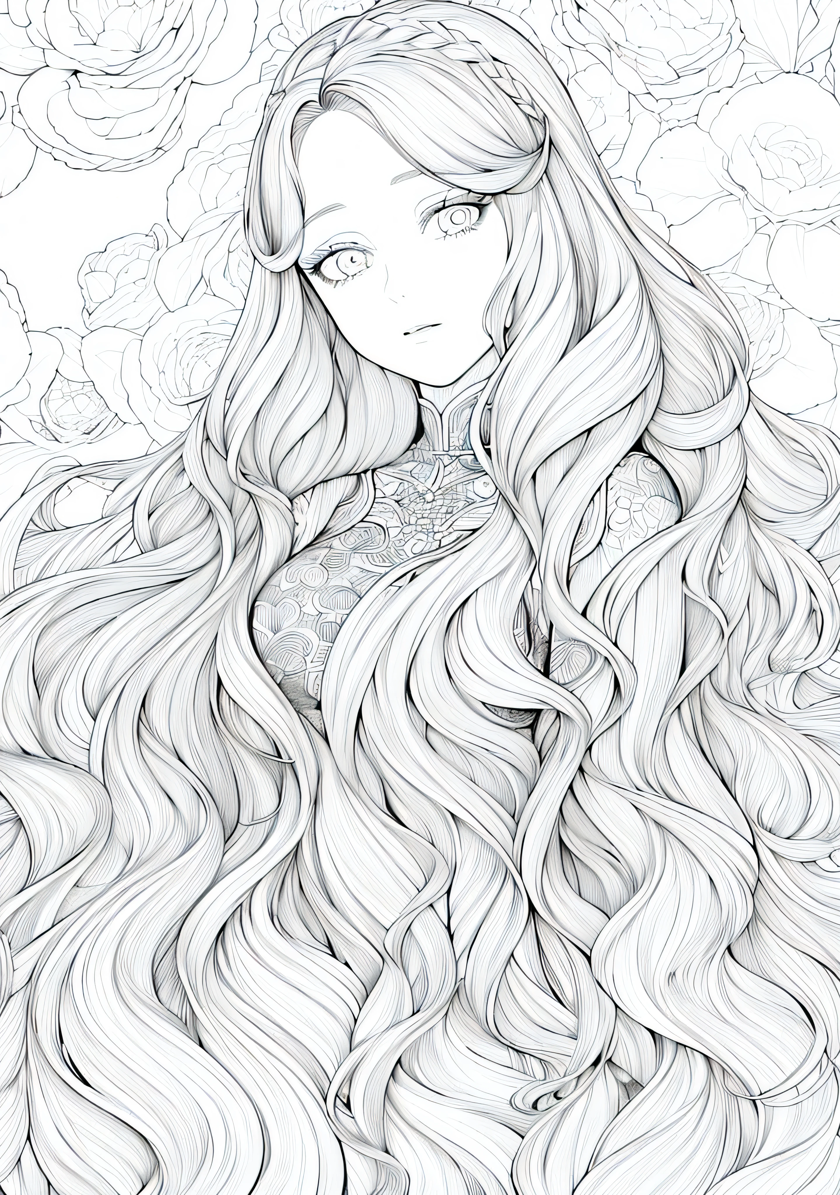 1girl ( woman:1.2) Princess,(muito_cabelo_longo, cabelo_branco:1.ortrait:1.3) ultra detailed eyes, long hair, floral, detailed hair, (coloring book, masterpiece, realistic:1.3), (extremely intricate:1.2), (sketch, doodles, monochrome, lineart:1.2) (by WLOP:1.3)
