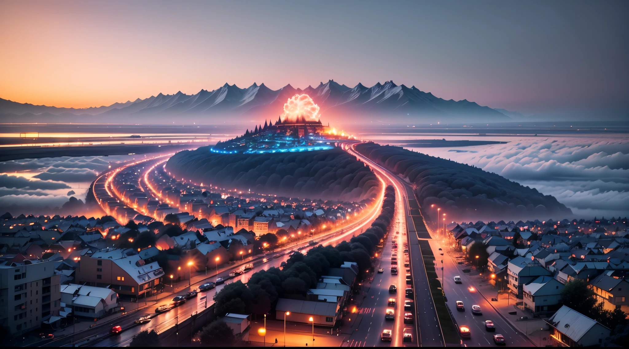 Look down from the top of the mountain,new year arrives,lanternire works))),(((绚丽的fire works))),3d effect,A huge and prosperous ringed city,crossroad,overpass,high grade road,natta,((many circling planes)),pedestrians,Sateen,inverted image,high high quality,(16K resolution),((ultra - detailed)),((An artwork of)),hyper realisitc,电影灯光,Dynamic lines,OC Render