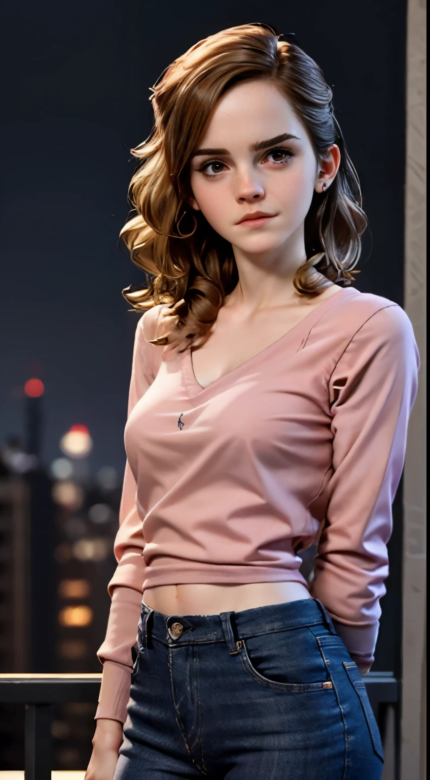 photo of Emma Watson, RAW, beautiful woman, ((portrait)), ((detailed face:1.2)), ((detailed facial feature, detailed skin, clear skin), (perfect proportioned body), (arms behind back:1.25), (wearing an tight pink long sleeve v-neck t-shirt & jeans, poking nipples) (high detailed city environment, apartment balcony), (realistic photo, best quality, detailed), (8k wallpaper), (cinematic lighting, dramatic lighting) (sharp focus, intricate)