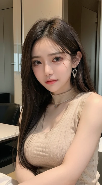 On the table, Best quality at best, 真实感, finely detailled, A high resolution, 8k wallpaper, Perfect dynamic composition, tack sharp focus, Surreal, beautiful细致的眼睛, Medium hair, Plump, Casual and sexy poses,gether, (Beige tight-fitting O-neck knitted vest, Big crack:1.4, The eastern protrusion of the high fork:1.2,(to emphasize, The shape of the vest can be clearly seen:1.3)), A smile, with her mouth open, resort scenery, 25 age old, (eyes shedding tears:1.4), big breasts be choker necklace, big earrings, Shooting from front