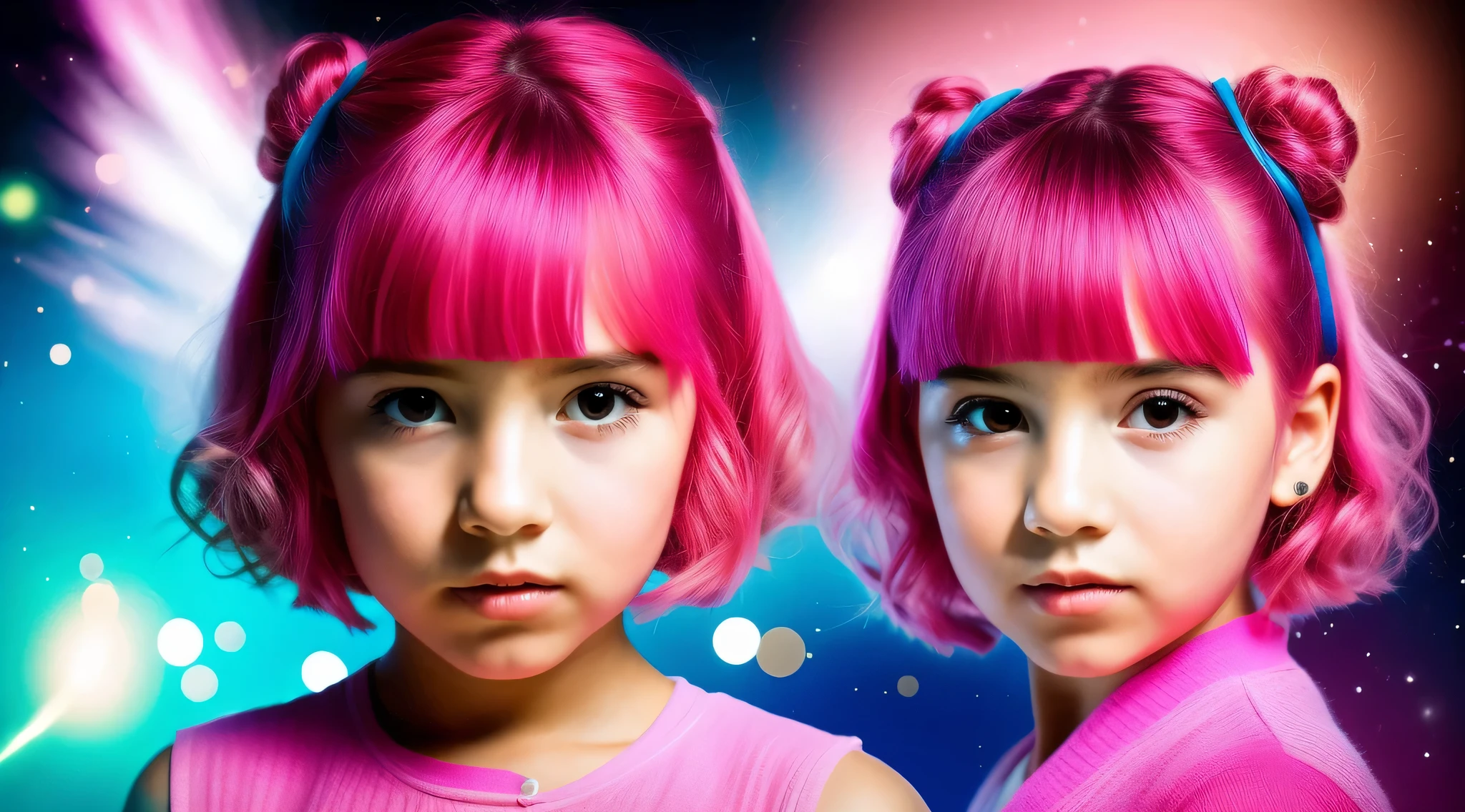 a CHILD girl with a pink hairstyle, little girl with magical powers, painting digital adorable, Arte digital 4K realista, Arte digital 4K realista, Retrato VFX altamente detalhado, retrato da menina de glowwave, Arte digital alucinante, 4k symmetrical portrait, 4k symmetrical portrait, Arte digital alucinante, Arte digital 4K perturbadora