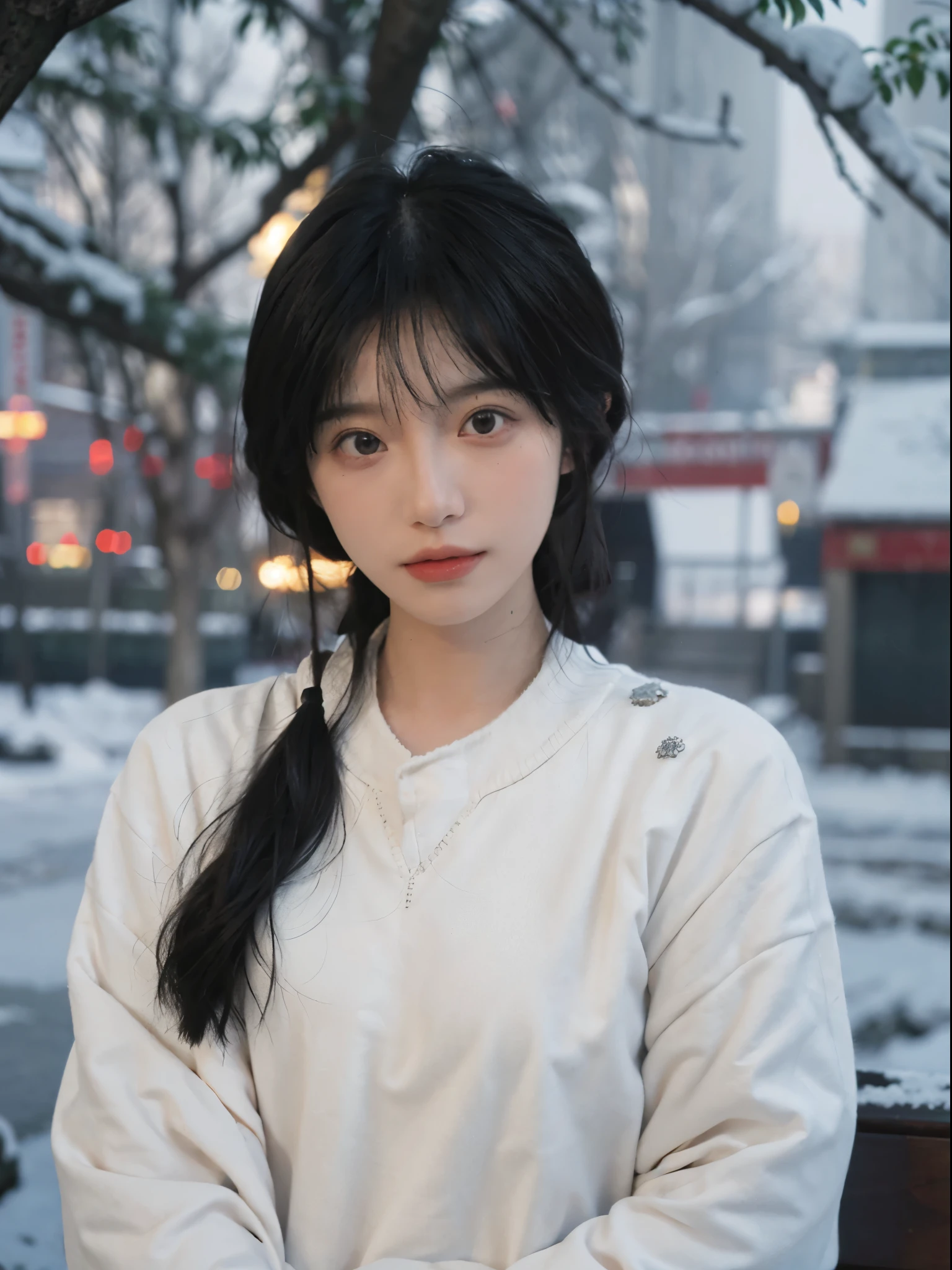 Best quality at best, 超高分辨率, white backgrounid,中景 the scene is,(realistically:1.4), girl,Sweaters, A pair of eyes as clear as snow,Imperial sister,Black long straight, looking at viewert, close up ,