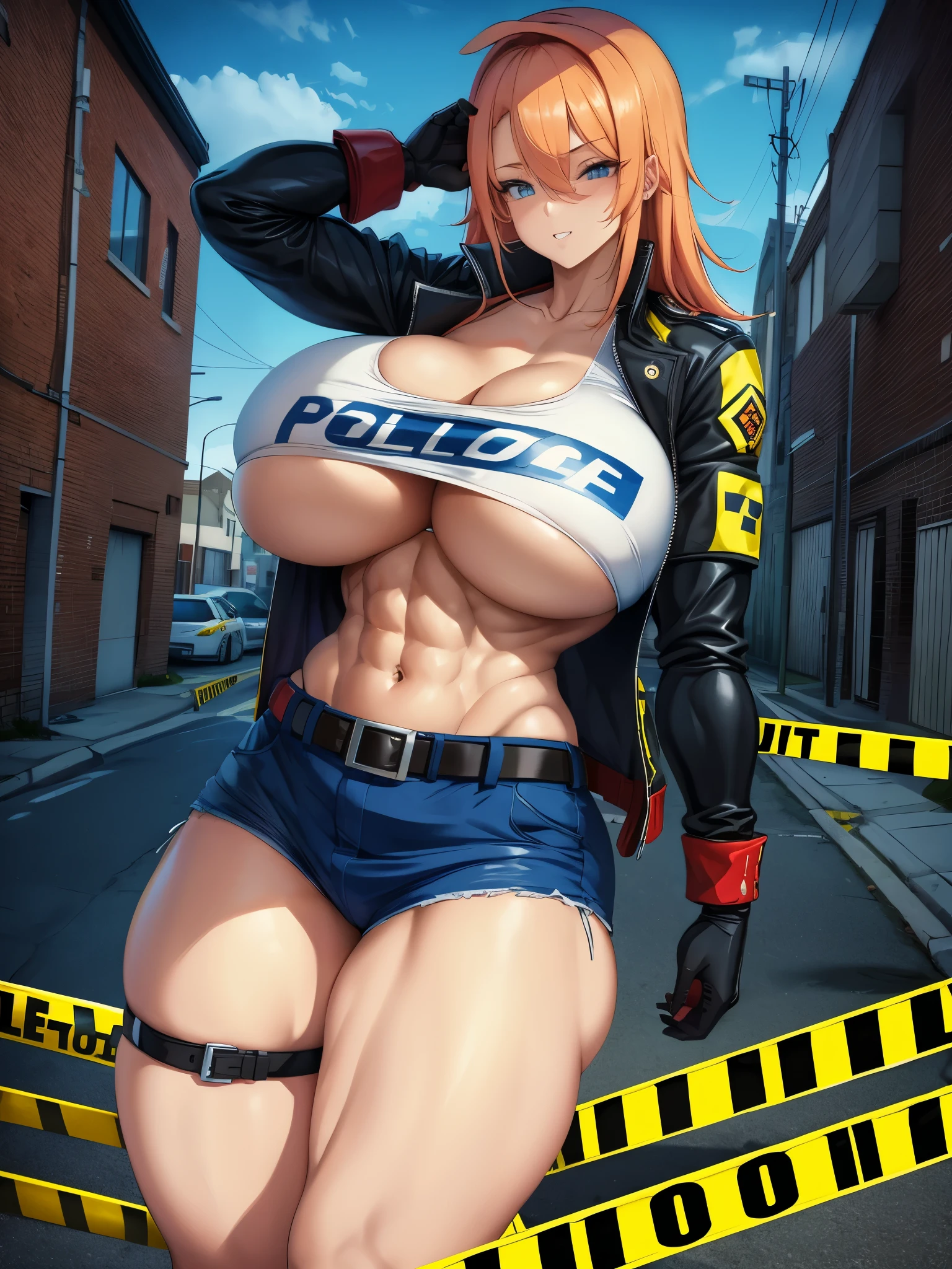 masutepiece, best quality, highly detailed, Cowboy Shot, Portrait, text saying "Do not cross"
harems, police woman, large breasts, Petite, White jacket, (beltbra:1.2),(caution tape:1.3), deep skin, Skindentation,
BREAK
city, alleyway, Red_And_Blue_A light, (police_Car:1.2), siren, syota_Scene, Night, Dark theme, ty), (Clouds), Add_detail:1, hair over eyes, Hair over one eye, Colossal tits, Tits, Hyper Maximum Size_breasts!! with the type of boobs_melons, wide hips, Huge ass, thick legs,