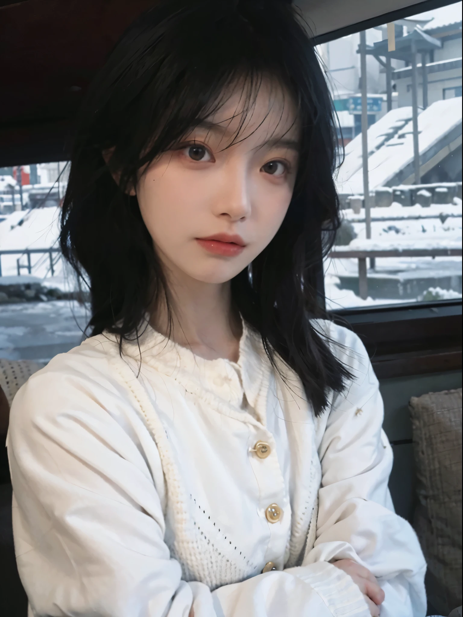 Best quality at best, 超高分辨率, white backgrounid,中景 the scene is,(realistically:1.4), girl,Sweaters, A pair of eyes as clear as snow,Imperial sister,Black long straight, looking at viewert, close up ,