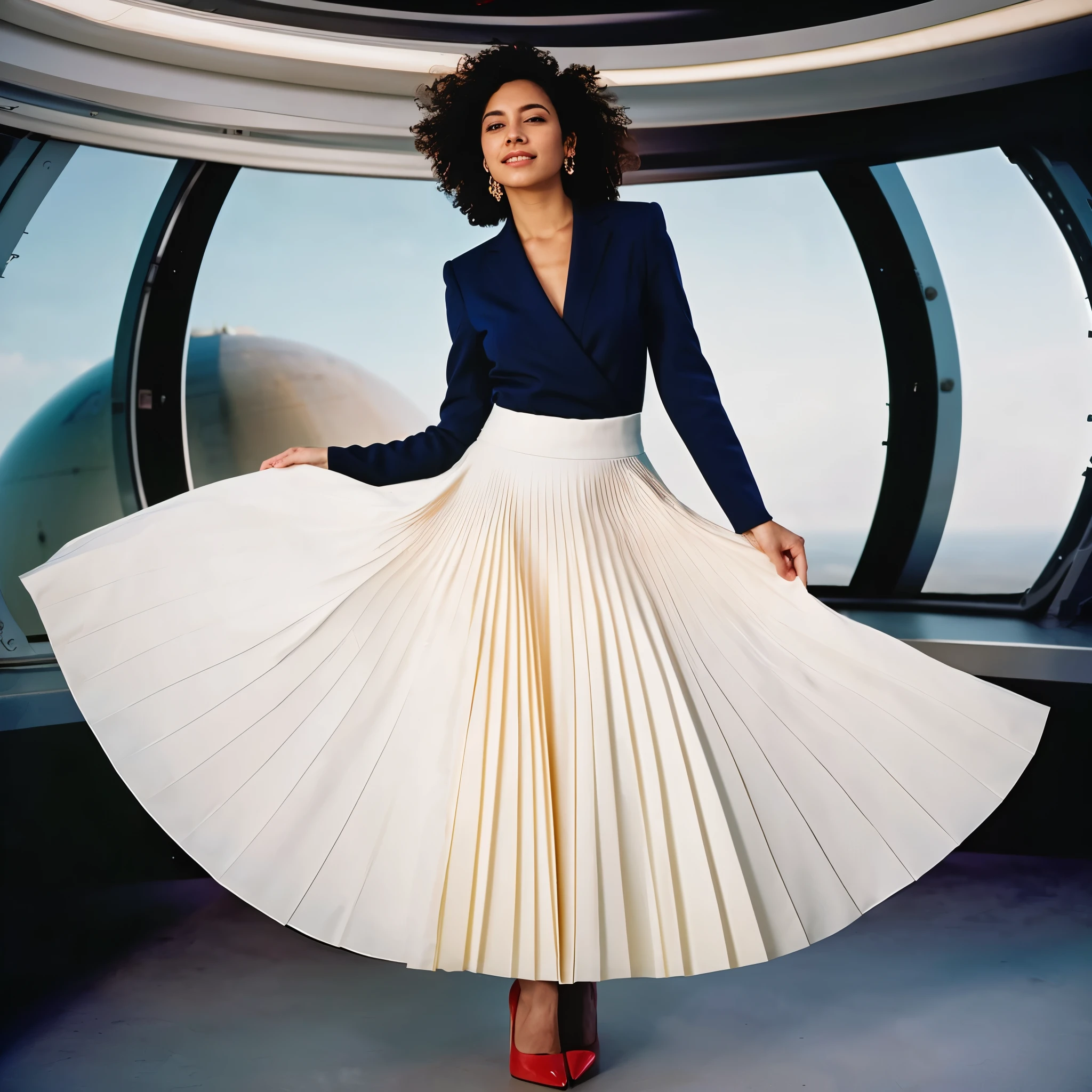 (authentic:1,5) (shy smiling:1,1) woman admiring her skirt on a space ship, wearing short blazer and very very detailed (long (pleated) full circle skirt) and (low heeled office shoes), very very intricate hyper-detailed symmetric (attractive graceful feminine face) with (sad, tired eyes and a shy smile), large breasts, full of empathy and compassion and love, (pronounced (feminine) features), (highly detailed ultra accurate realistic) hands and fingers, (windy conditions and wind blowing), epic composition, highly detailed attributes, highly detailed space station background, (35mm f1.4 Kodak portra 400 photograph), extremely high quality RAW photograph,