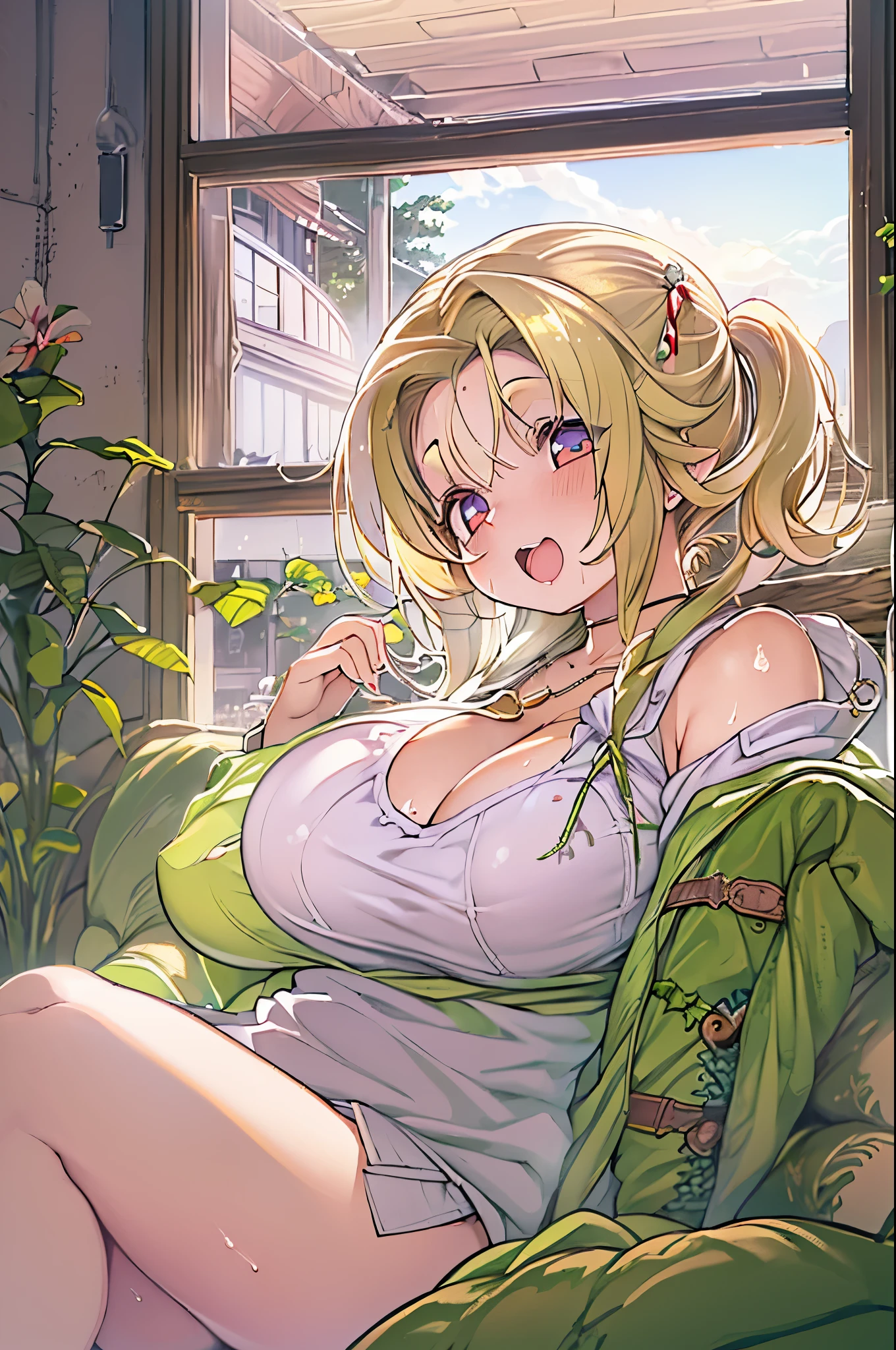 masterpiece、top-quality、detaile、1girl in、(a blond)、(a beauty girl)、cute little、(verd s eyes)、(Eye lashes)、(huge-breasted)、(cleavage of the breast)、(white shirt:1.2)、(Open Shirt)、sitting in the couch、abajour、window、natta、Delicate interior design、(bbw)