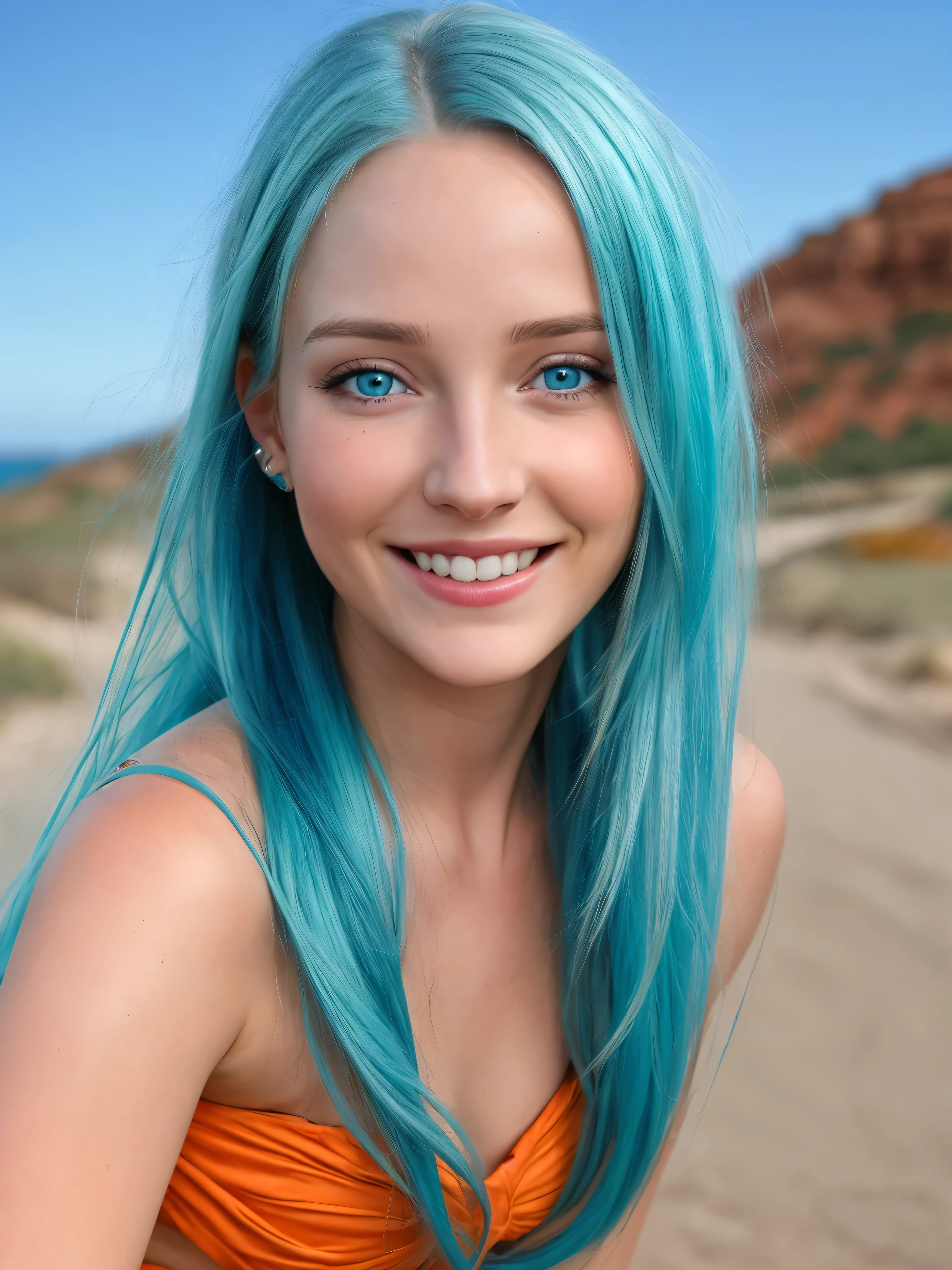 (Realistic:1.5), A highly detailed photo of a stunningly beautiful young woman in a minuscule clothes. Long rusty-cyan colored hair blowing in the wind . Dazzling and glowing orange-red eyes, Cute sexy, nude,  pleasure, mouth smiling wide with joy. Leaning towards the camera. Free-spirited persona. Looking directly at the camera and winking