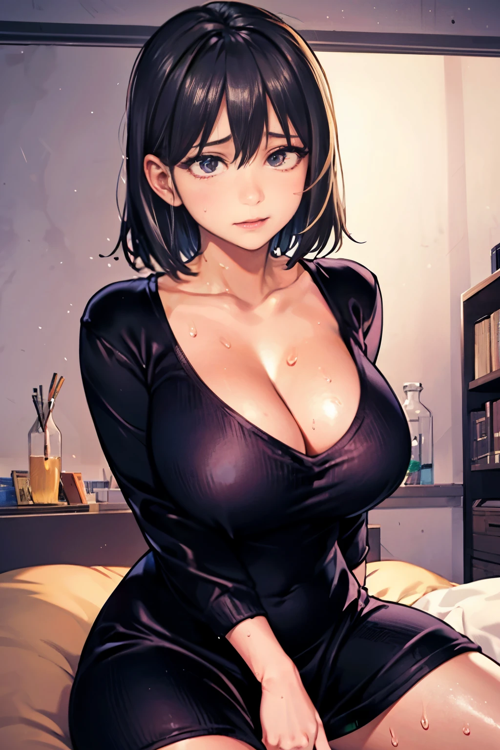 1girl in, POV, 1boy, between breasts, , Sweat, cleavage, , , Room, full of sweat, Large breasts, motion line, motion-blur, Warm summer, white shirt,Precise features and delicate expressions,huge breasts are wet,Very beautiful woman,、((trembling))、(Slim and thick ),Toned body、Composition of the whole body、Perfect human body、(((Sweat,Oil skin,gleaming skin、realistic skin textures、Detailed beautiful skin、Shiny skin、shiny white skin)))、Boy's room、Study guidance by a private tutor、reward、darkened room、Studying、((Vertical ribbed sweater dress with open neckline)), Holding a red pen、Spread your legs in front of you、Embarrassing and embarrassed face、astonished face、Manteau blanc、Department of Science、flask、beakers、microscope、science books