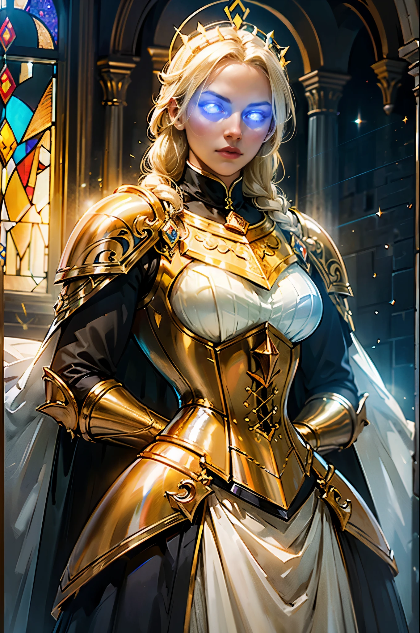 upper body of paladin lady in ornate golden armor, black collar, pauldrons, breastplate, corset, glowing halo, single braid, blonde, yellow glowing eyes, bright pupils, eye focus, red cape, temple indoors, stained glass windows, night, moonlight, particles, light beam, chromatic aberration