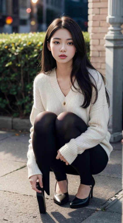 Masterpiece, Best Quality, Extremely detailed, Cinematic Lightning, intriciate detail, high resolucion, Official Art, Beautiful face and eyes with delicate details, high resolucion 그림, 8K, Bokeh, Solo, 1Girl, girl with red eyes,Black long hair, Beautiful red eyes, beautiful scenery, Rainy city, s whole body, looking up at viewer,Pantyhose,(((Pretty shoes)))