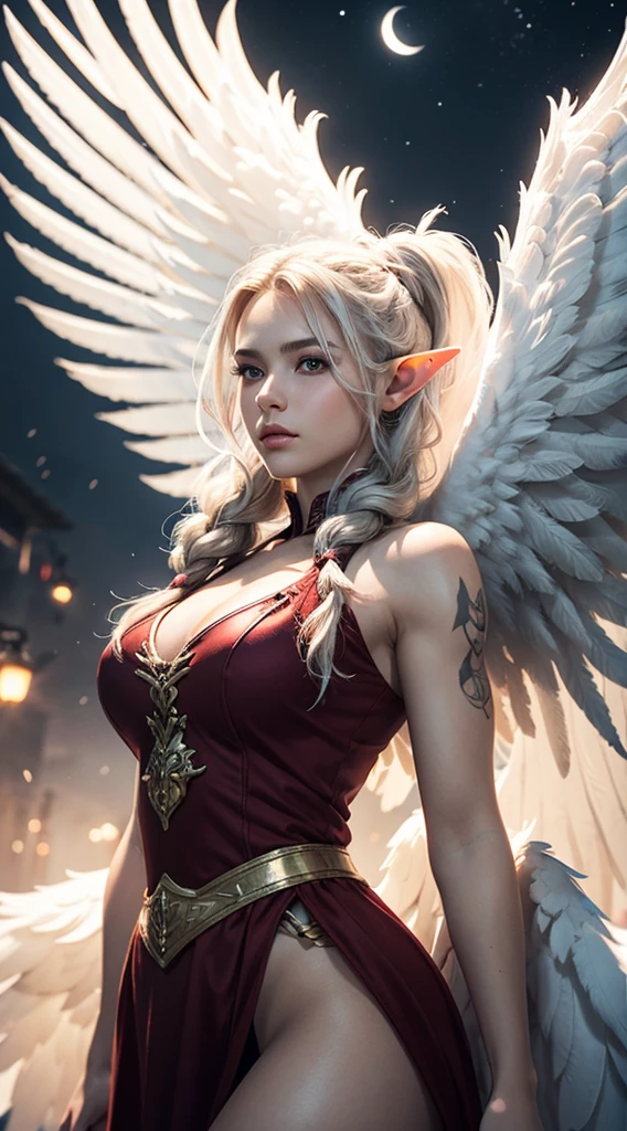 (highest quality) Precise fortune teller elf woman, The cleavage adds a cinematic touch to the super big tits scene, huge breasts, Film lighting completes the overall atmosphere. small wings sprouting from the back (Drawn to include the entire wing), , mysterious atmosphere , Witch Dress, bright lakeside,