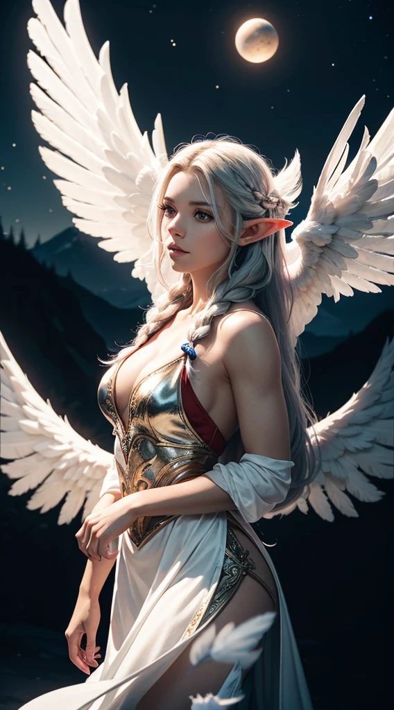 RAW, professional photograph, medium shot, photorealistic, realistic lights, realistic shadows, hyper-realistic, ray tracing, super detail, UHD, 8k, female elf, angel, large wings with white feathers, red queen dress, twenty years old, athletic body, soft facial features, long braided hair, viking hairstyle, straight hair, white hair, red eyes, suspended in the middle of the night sky