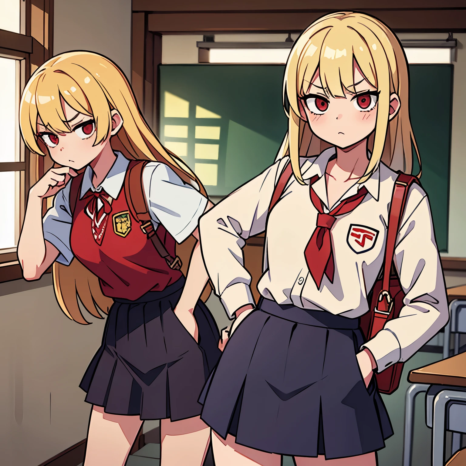 a blond、Bad eyes、glares、Bad schoolgirl、red high school jersey、Check skirt、hands in the pocket、Holding a school bag