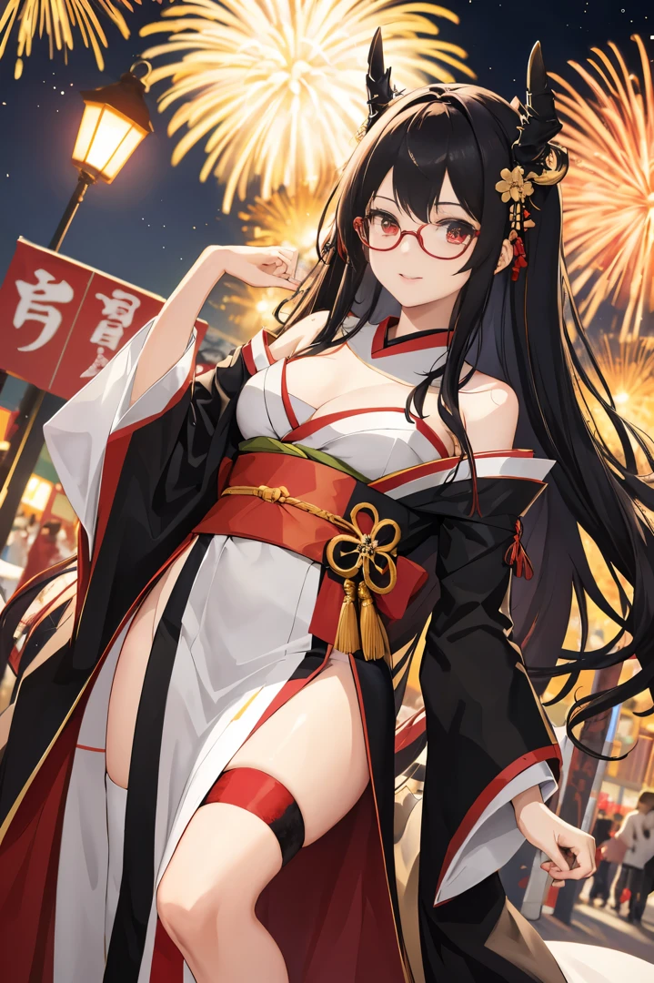 "anime girl, 1 person, black hair, shoulder length hair, red eyes, glasses, white horns, wearing kimono, kimono outfit, black kimono with red patterns, details, big breasts, long stockings, sinister smile  , small black wings on the back, solo, viewed from different directions, festival, New Year's Eve, New Year's Eve fireworks, watching fireworks (sharp image)"