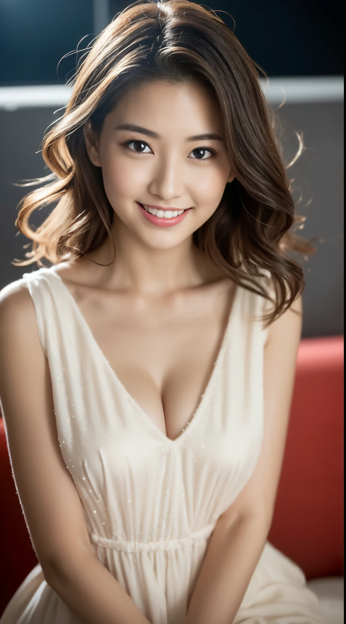 (1 persons:1.37, Night situation:1.37), (Realistic, Photorealistic: 1.37), (masutepiece, Best Quality: 1.2), (Ultra High Resolution: 1.2), (Raw photo: 1.2), (Sharp Focus: 1.3), (Face Focus: 1.2), (Ultra detailed CG unified 8k wallpaper: 1.2), (Beautiful tanned skin: 1.5), (Tanned skin color: 1.5), (hyper-sharp focus: 1.5), (Ultra Sharp Focus: 1.5), ( Beautiful pretty face: 1.3), (The face of the Japan actress:1.3), (hyper detailed Background, Detail Background: 1.3), BREAK, Photos of very cute and beautiful Japan of women, (sexymodel), professional attire, (28 year old: 1.1), Portrait of a girl with a bright smile, Upper body image, When viewed from the front, The composition is symmetrical, (dramatic lights: 1.3), (Backlight: 1.3), lighting that covers the whole body, looking straight at you, Natural Posing, arms behind back:1.3, Break HA, (Mahogany fine hair: 1.2, Wavy bob hair:1.2), dark brown eyes, Beautiful eyes, Princess Eyes, ((Mahogany hair:1.3)), Bangs, hair between eye, (Voluptuous:1.47, curby), (medium breasts;1.37, drooping chest:0.95), (thin waist: 1.05), (Detailed beautiful girl: 1.4), BREAK, (Chest squeezed together, View Viewer, (Costume of the hostess;1.37, detailed clothes, A charming expression)), Solo, Parted lips, Red lips, (Shiny skin:1.3, Oily skin:1.3), BREAK, (Cabaret club background:1.25, Background:1.25), (Dishonest laughter, light seductive smile:1.15, Cute smile:1.15), ((Perfect female body)), (fullbody image, Characteristics of bust-enhancing pressure points:1.3), frame head, Perfect Anatomy, Perfect proportions, 8.5 life-size, Face Focus, hyper realistic photography, Hyper Sharp Image, Hyper Detail Image,a blond、gorgeous dress、tiarra、sparkling accessories、piercings、Sitting on the sofa