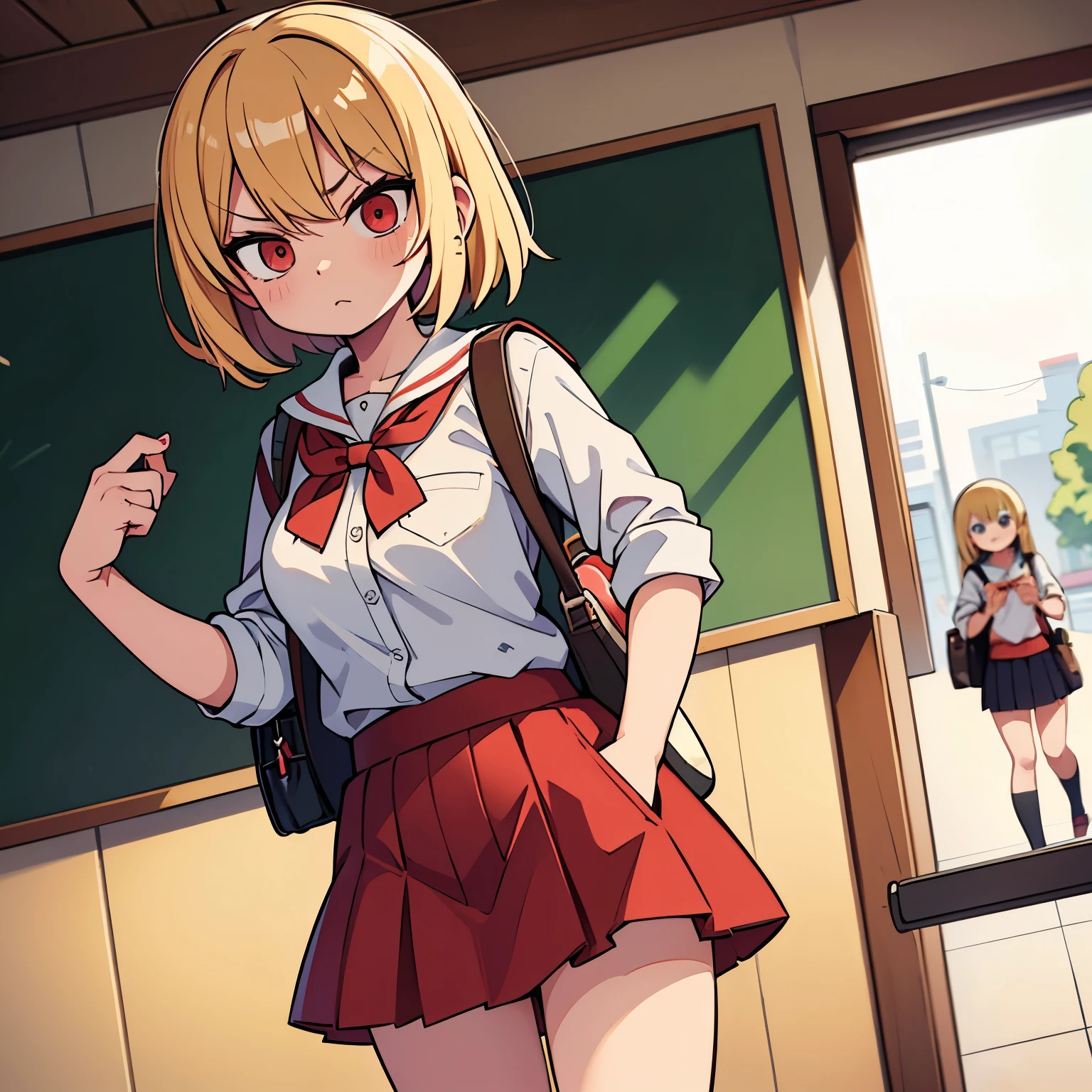 a blond、Bad eyes、glares、Bad schoolgirl、red high school jersey、Check skirt、hands in the pocket、Holding a school bag