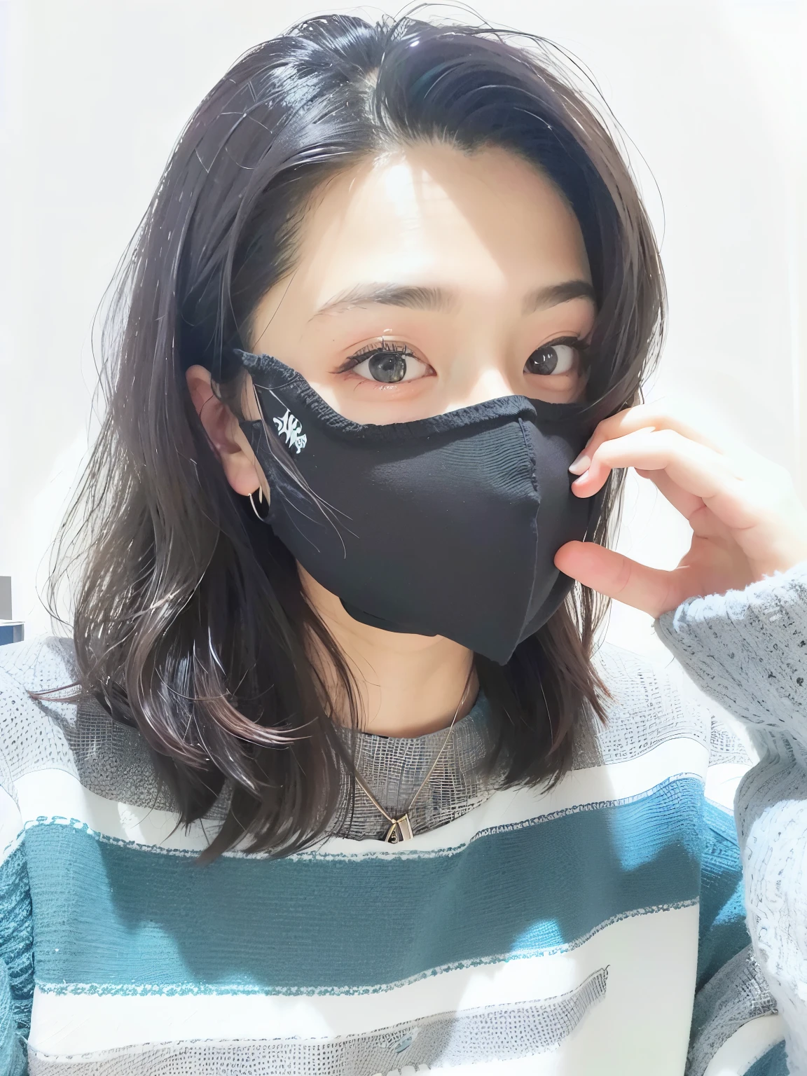 a woman wearing a black 面具 with a blue stripe sweater, wearing all black mempo 面具, some of them use gask 面具, surgical 面具 covering mouth, one single 面具, wearing 面具, black face面具, wearing face面具, 2 0 2 0 时尚, 面具, face面具, ( ( 面具 ) ), no face 面具, face 面具, medical 面具, black 面具