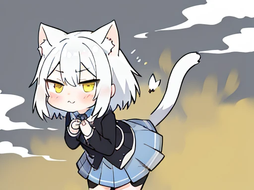 Adorable white-haired cat girl（HUD’s two-dimensional face）,Wearing a short light blue skirt，black cat girl（HUD’s two-dimensional face）Put your face under the white-haired cat girl，farting(yellow smoke)