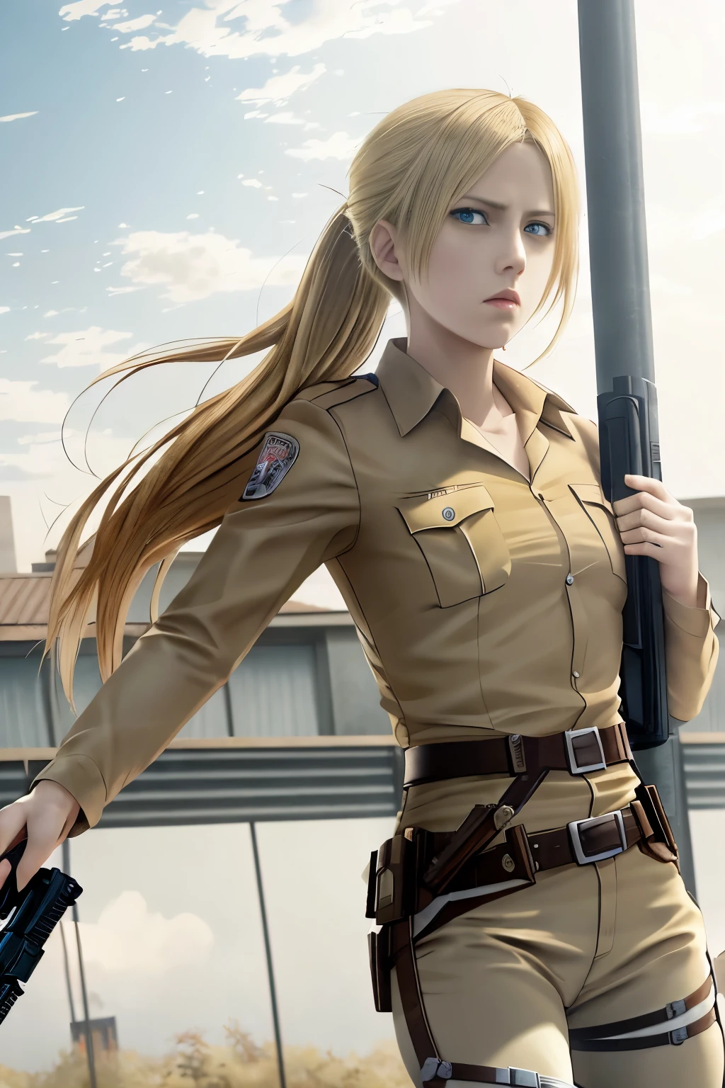 anime girl with a gun and a gun in her hand, annie leonhart, from attack on titan, in attack on titan, looking like annie leonhart, shingeki no kyojin, (attack on titans anime), attack on titans, attack on titan anime style, attack on titan, attack on titan covert art, key visual of attack on titan,Attack on Titan female character Historia,golden hair,Long golden hair,Combat attire,binh,metal light holder,golden hair,blue color eyes