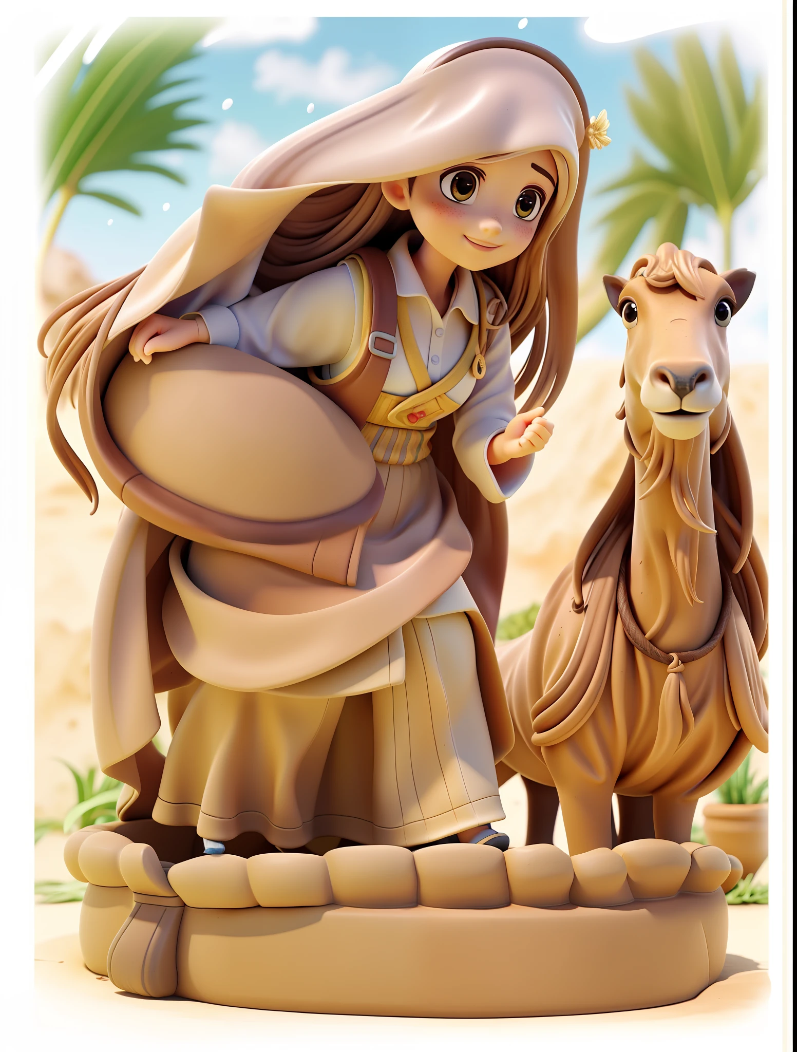 (best quality,4k,8k,Alto,master part:1.2),ultra-detalhado,(Realistic,photoRealistic,photo-Realistic:1.37),uma garota segurando uma panela de barro, brown flowing hair, olhos castanhos, roupa imperial dourada, anime, the background is a clear sky with bright lights, arroz, camelos, a well, expandir o fundo da imagem, water coming out of clay pot