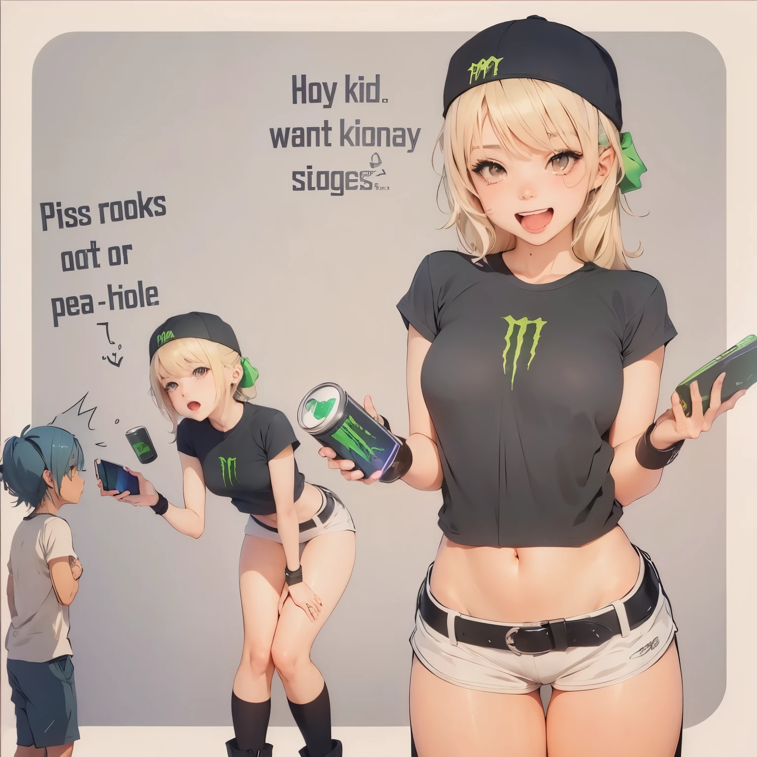 anime girl with monster energy drink and man with cell phone, girl drinking monster energy, anime girl drinking energy drink, monster girl, at Pixiv, popular on Pixiv, top rated on Pixiv, high quality fan art, monster girl anime, ecchi style, trending on Pixiv, Pixiv, Pixiv style, Pinterest anime, in anime style