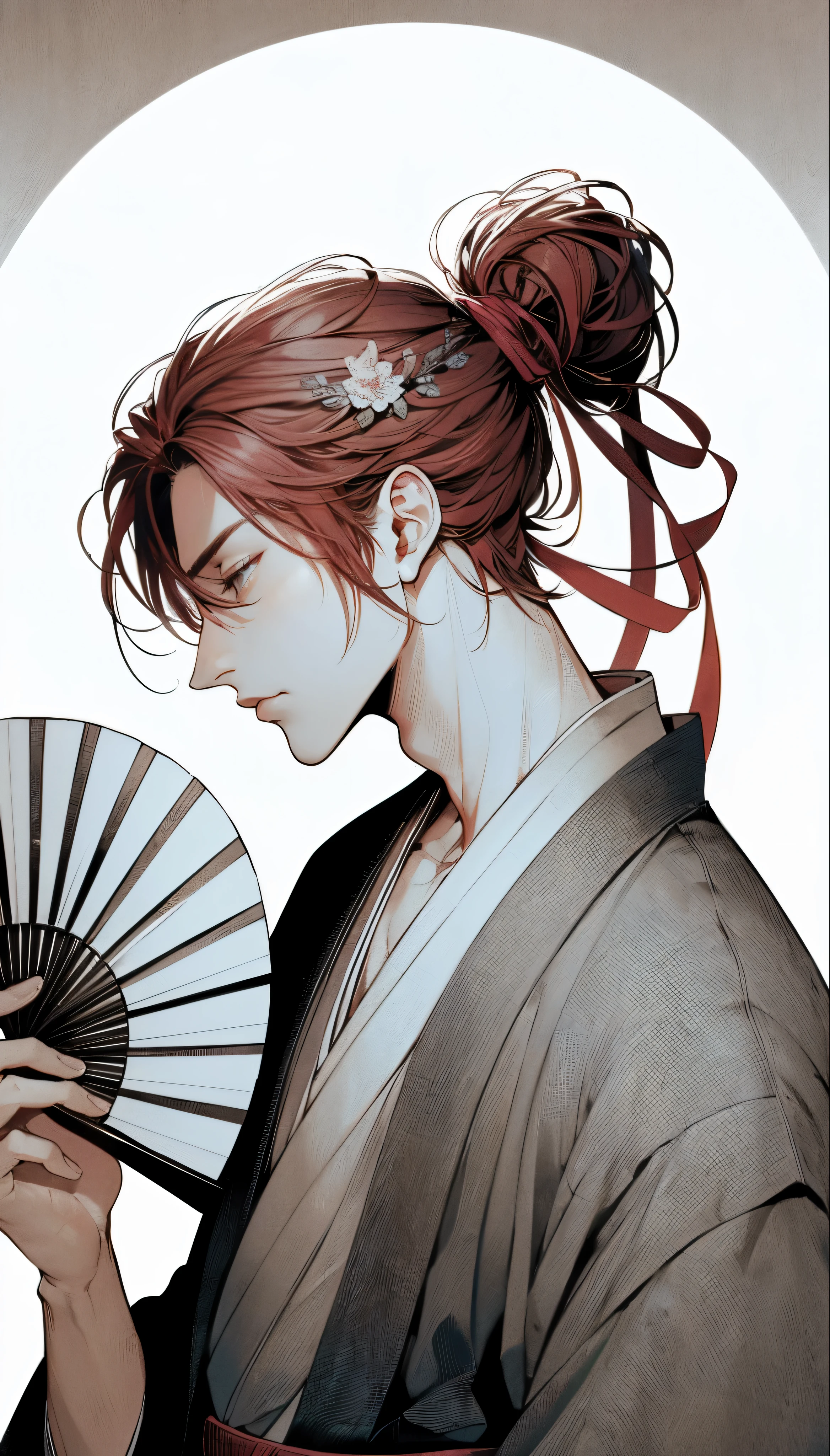 Beautiful young man, slanted gray eyes, Red medium hair, Tied up, gray masculine kimono, fan covering one eye, Oblique angle, A large moon illuminates a white background, Japan atmosphere, Cool, Stylish,