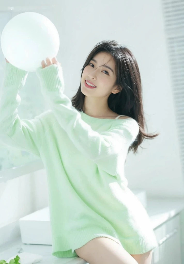 (On a table, Best quality at best, realistically, ultra - detailed, meticuloso, A high resolution, 8k wallpaper), Close-up portrait of a beautiful woman, Chariada, Smiling, light brown messy hair, Perfect dynamic composition, 美丽meticuloso的眼睛, Just like the cover of a fashion magazine, On campus