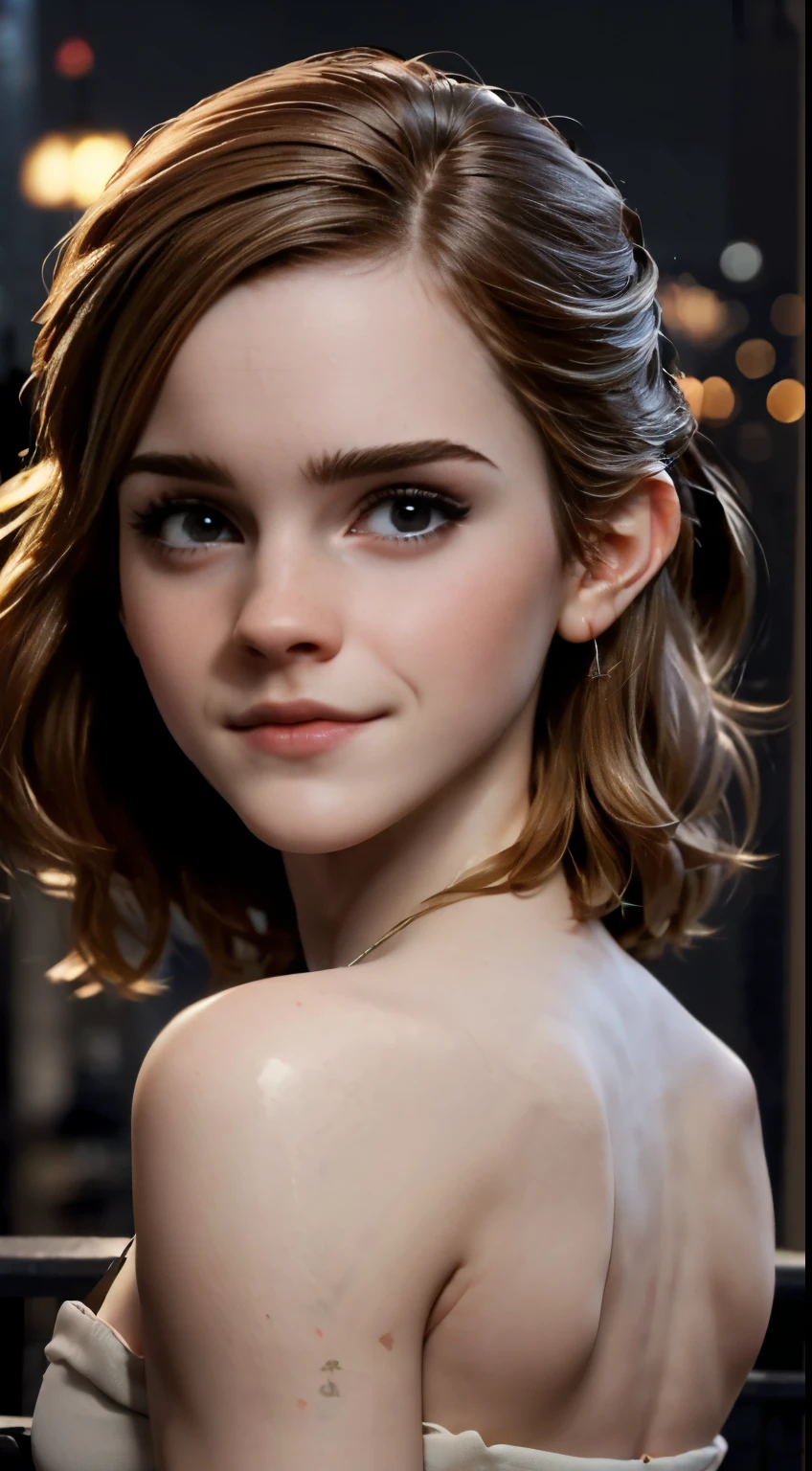 photo of Emma Watson, RAW, beautiful woman, ((portrait)), ((detailed face:1.2)), ((detailed facial feature, detailed skin, clear skin), (perfect proportioned body), (arms behind back:1.25), (wearing sexy dress) (high detailed city environment, apartment balcony), (realistic photo, best quality, detailed), (8k wallpaper), (cinematic lighting, dramatic lighting) (sharp focus, intricate)